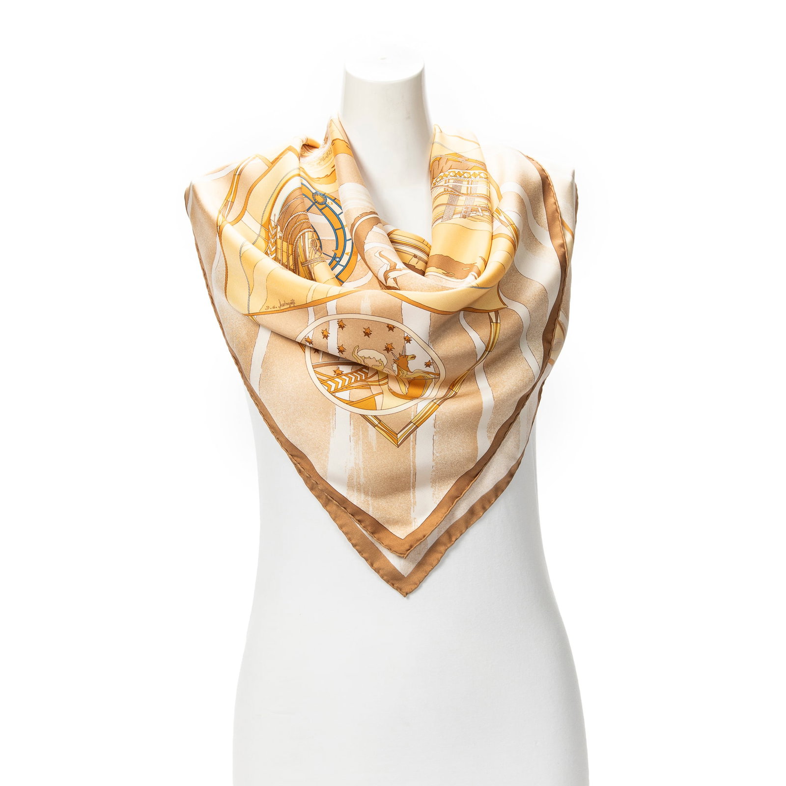 Hermes Scarf- Face au Large by Dominik Jarlegant: Genuine Pre-Owned Hermes Scarf in Yellow/Beige/Light Brown 100% Twill Silk in A condition. Pattern / Title is Face au Large by Dominik Jarlegant Measurements: 90*90cm (Length * Height * Width). This l