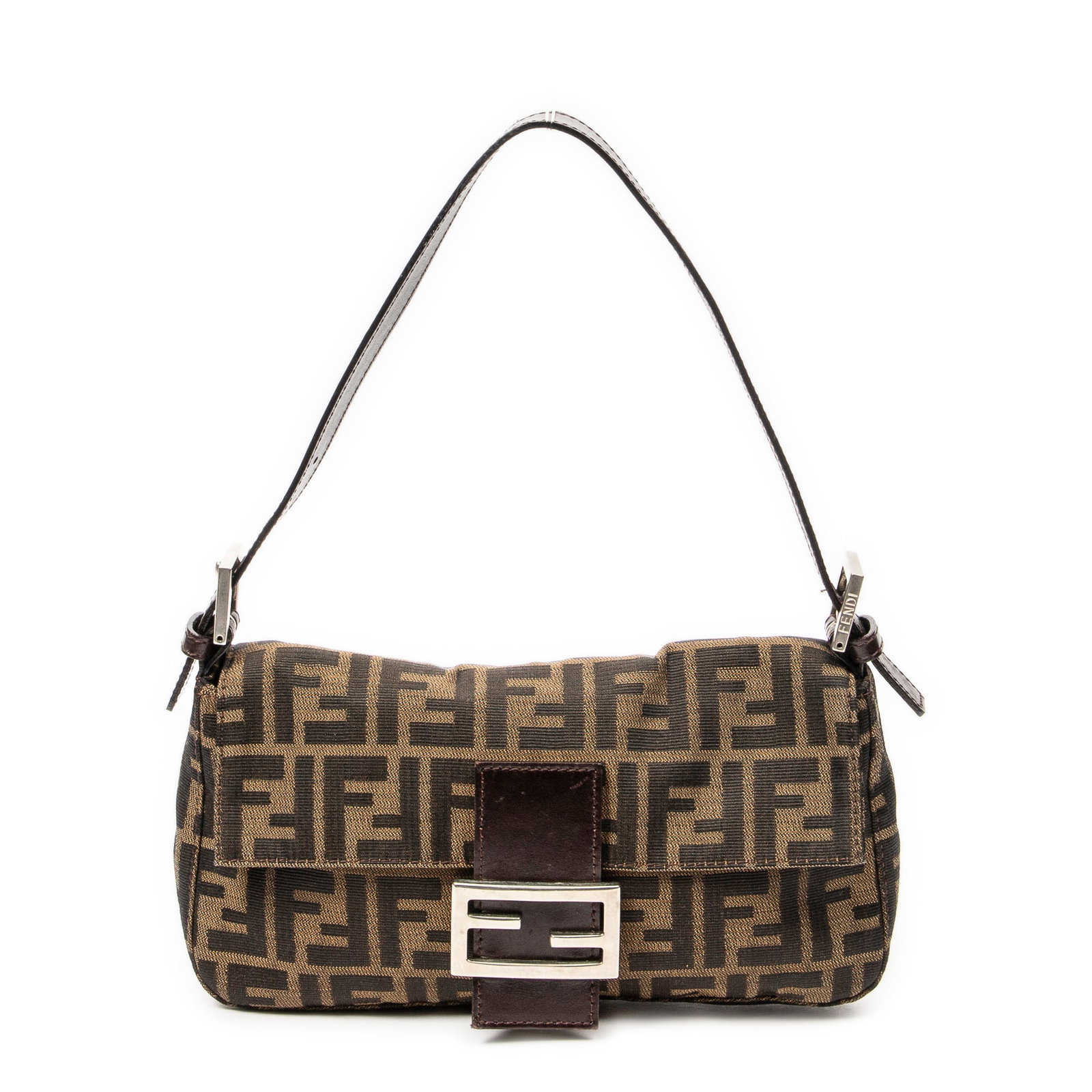 Fendi Baguette in Tan/Dark Brown Zucca Canvas: Genuine Pre-Owned Fendi Baguette in Tan/Dark Brown Zucca Canvas made in Italy in A condition. Date Code is 2454-26424-008 Measurements: 26*14*3.5cm (Length * Height * Width). This lot includes a certi