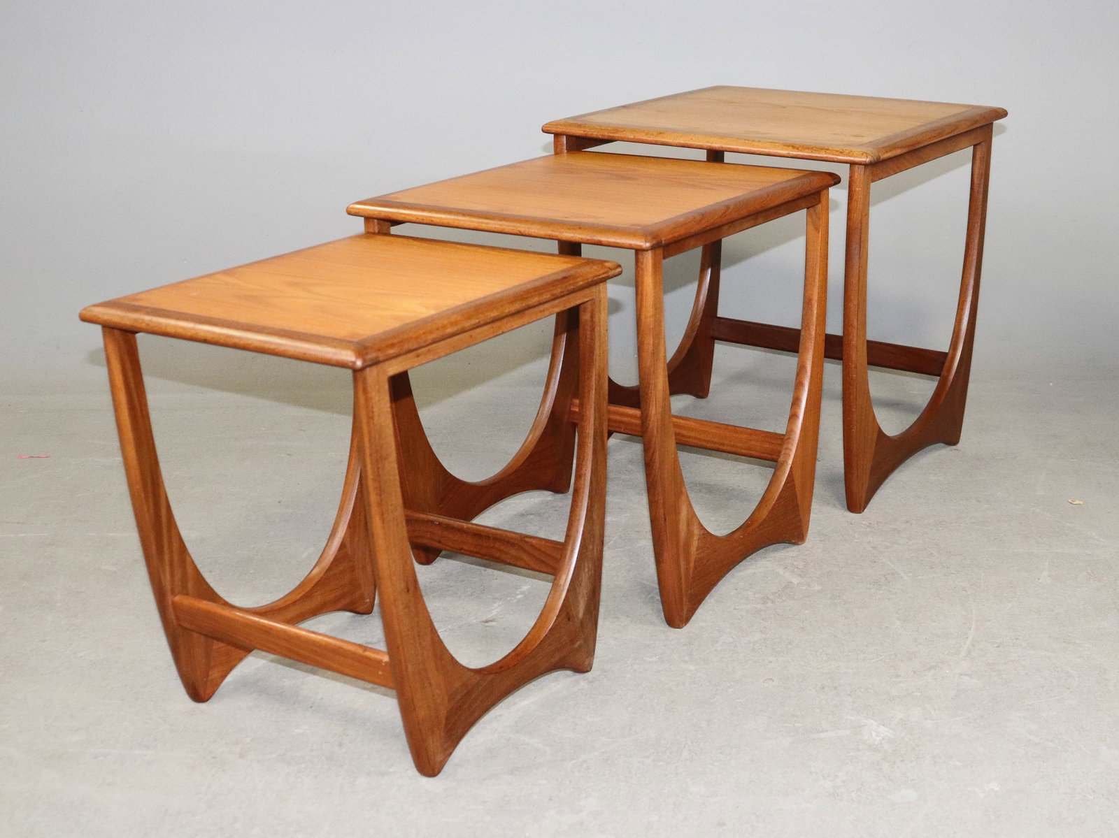 Mid Century Modern Astro Nest By G-plan: This Danish Modern Style Teak nest is British and made by Mid Century Modern Furniture Maker G Plan ( Gplan ) - 20 tall x 19 x 19, 19 in tall x 18 x 17 and 18 in tall x 15 x 17