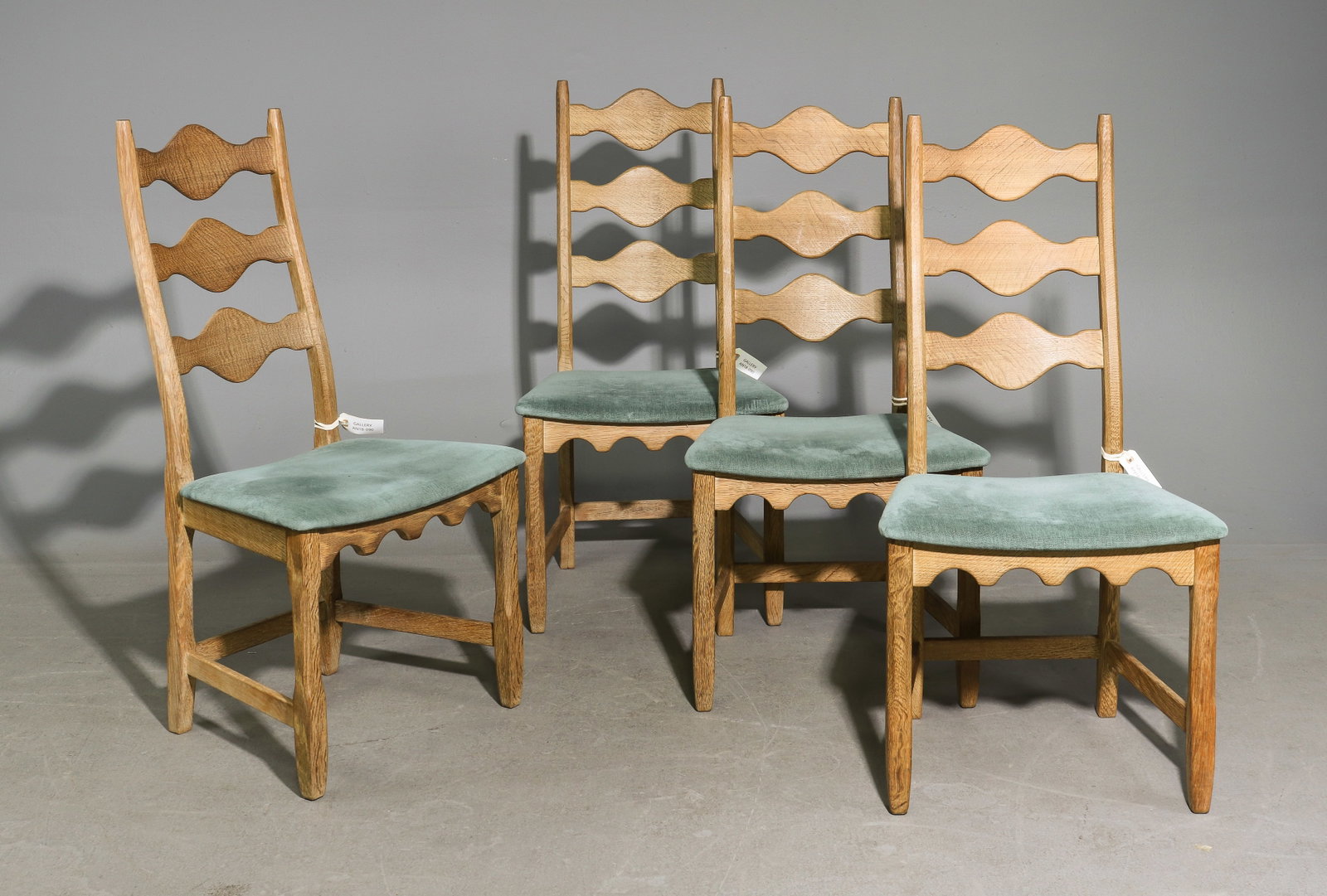 Danish Oak Set of 4 High Back Dining Chairs: Danish Oak Set of 4 High Back Dining Chairs - 40 in tall x 20 x 19 each with a seat height of 17 inches - Similar in style to / possibly by : S. Thrane & Son / Henning Kjaernulf / Guillerme & Chambron