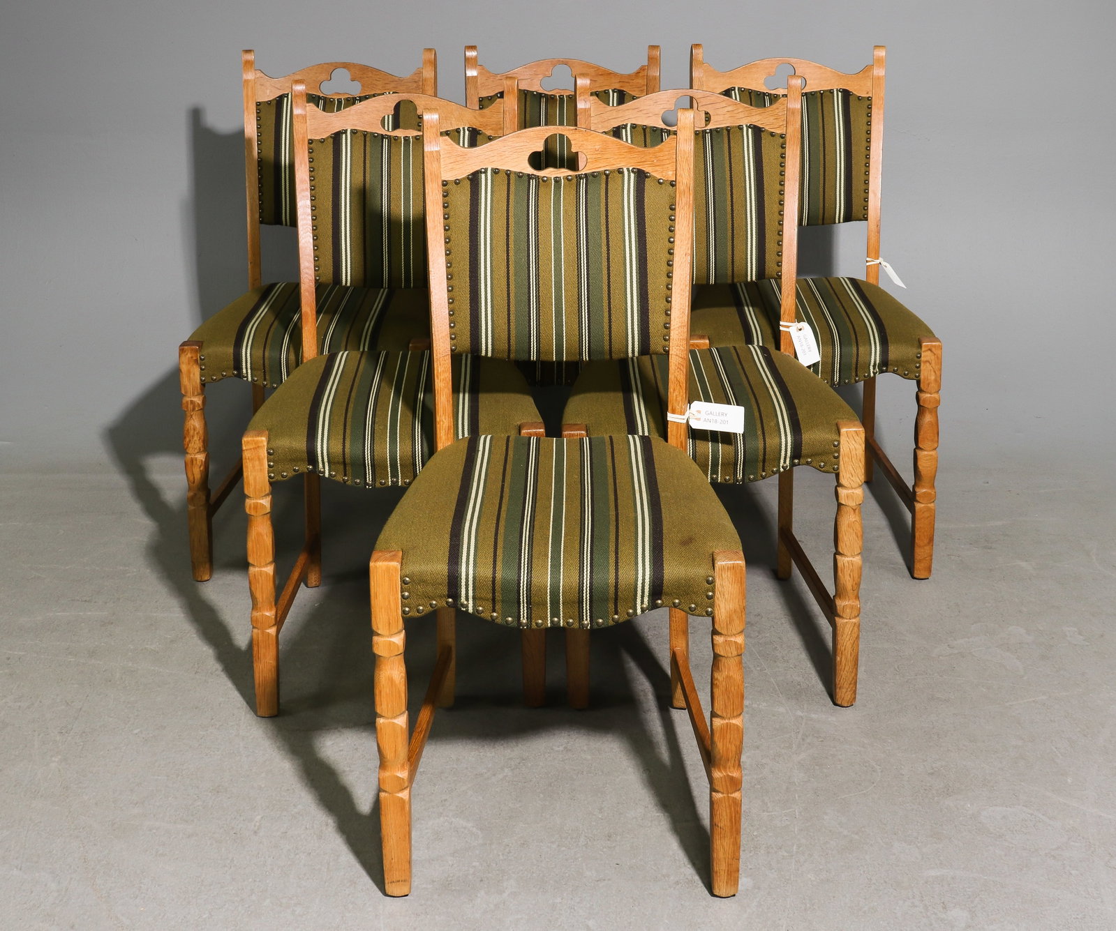 Danish Oak Set of 6 Dining Chairs: Danish Oak Set of 6 Dining Chairs - 37.5 in tall x 18 x 18 each with a seat height of 18 inches - Similar in style to / possibly by : S. Thrane & Son / Henning Kjaernulf / Guillerme & Chambron