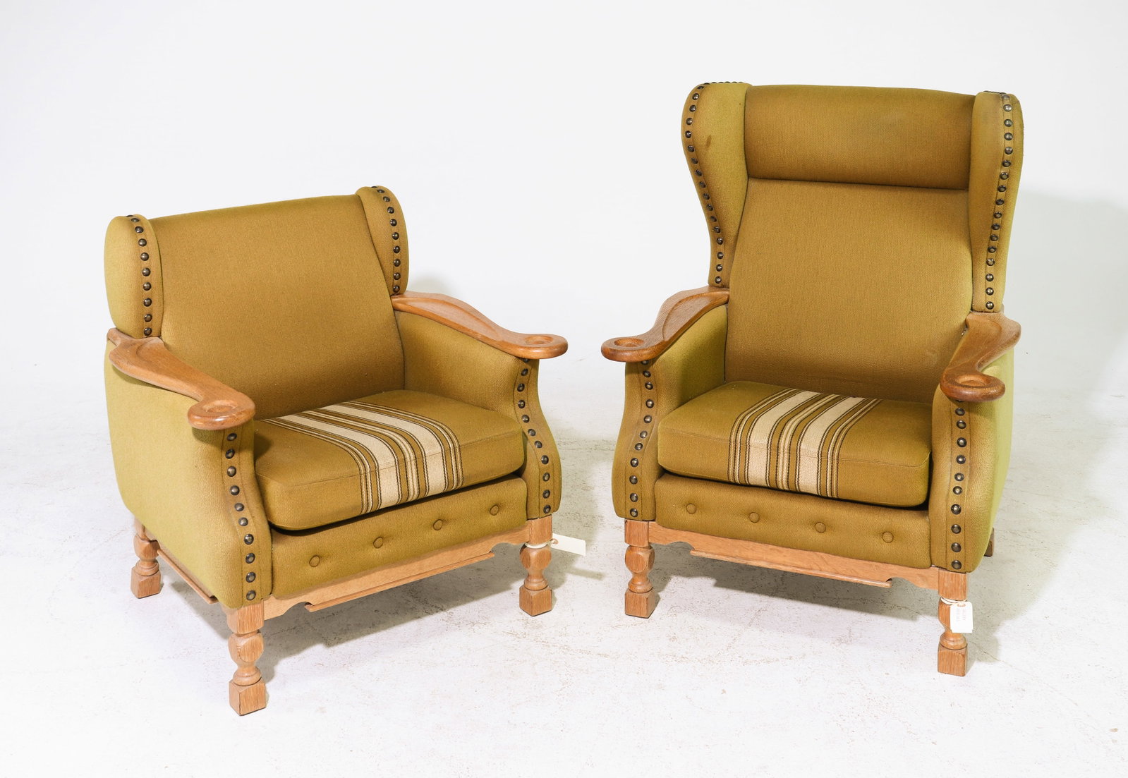 Danish Oak His & Hers Arm Chairs: Danish Oak His & Hers Arm Chairs - 41.5 in tall x 32 x 30 with a seat height of 16 inches and 31 in tall x 31.5 x 30 with a seat height of 16 inches - Similar in style to / possibly by : S. Thrane &