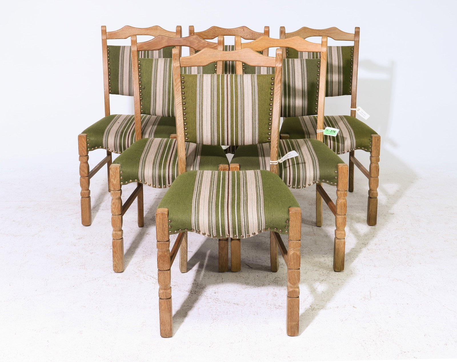 Danish Oak Set of 6 Dining Chairs: Danish Oak Set of 6 Dining Chairs - 37.5 in tall x 18.5 x 19 each with a seat height of 18 inches - Similar in style to / possibly by : S. Thrane & Son / Henning Kjaernulf / Guillerme & Chambron