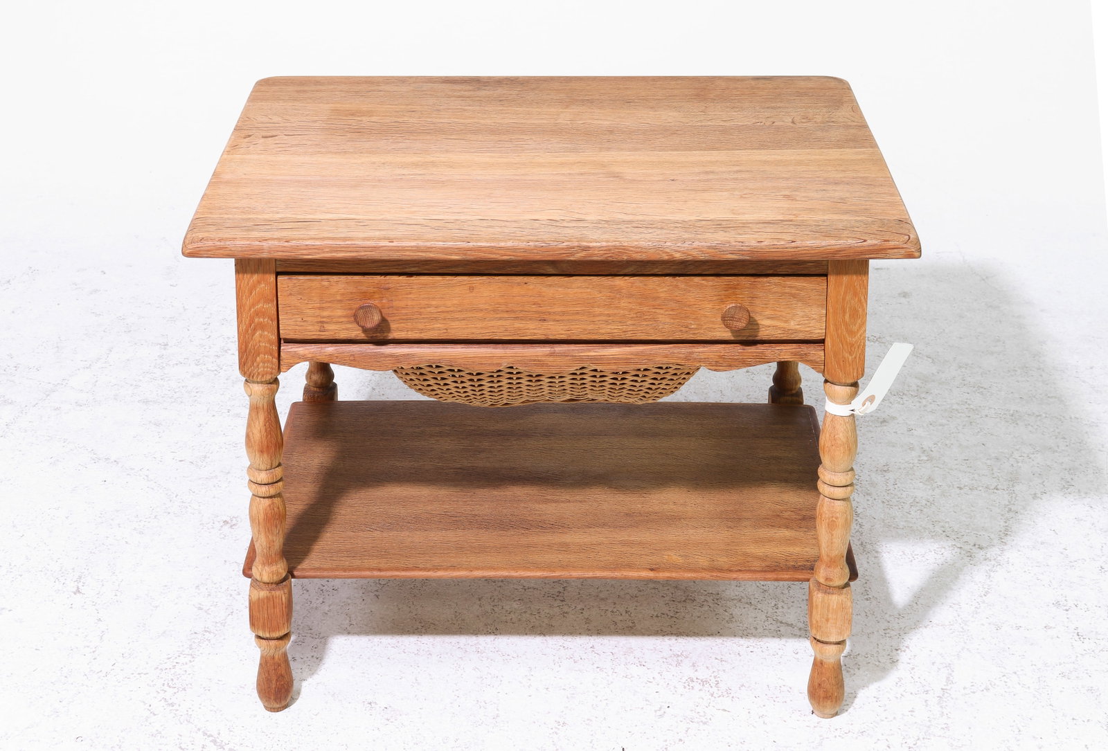 Danish Oak Sewing Table: Danish Oak Sewing Table with Wicker Basket - 21 in tall x 27.5 x 20 - Similar in style to / possibly by : S. Thrane & Son / Henning Kjaernulf / Guillerme & Chambron