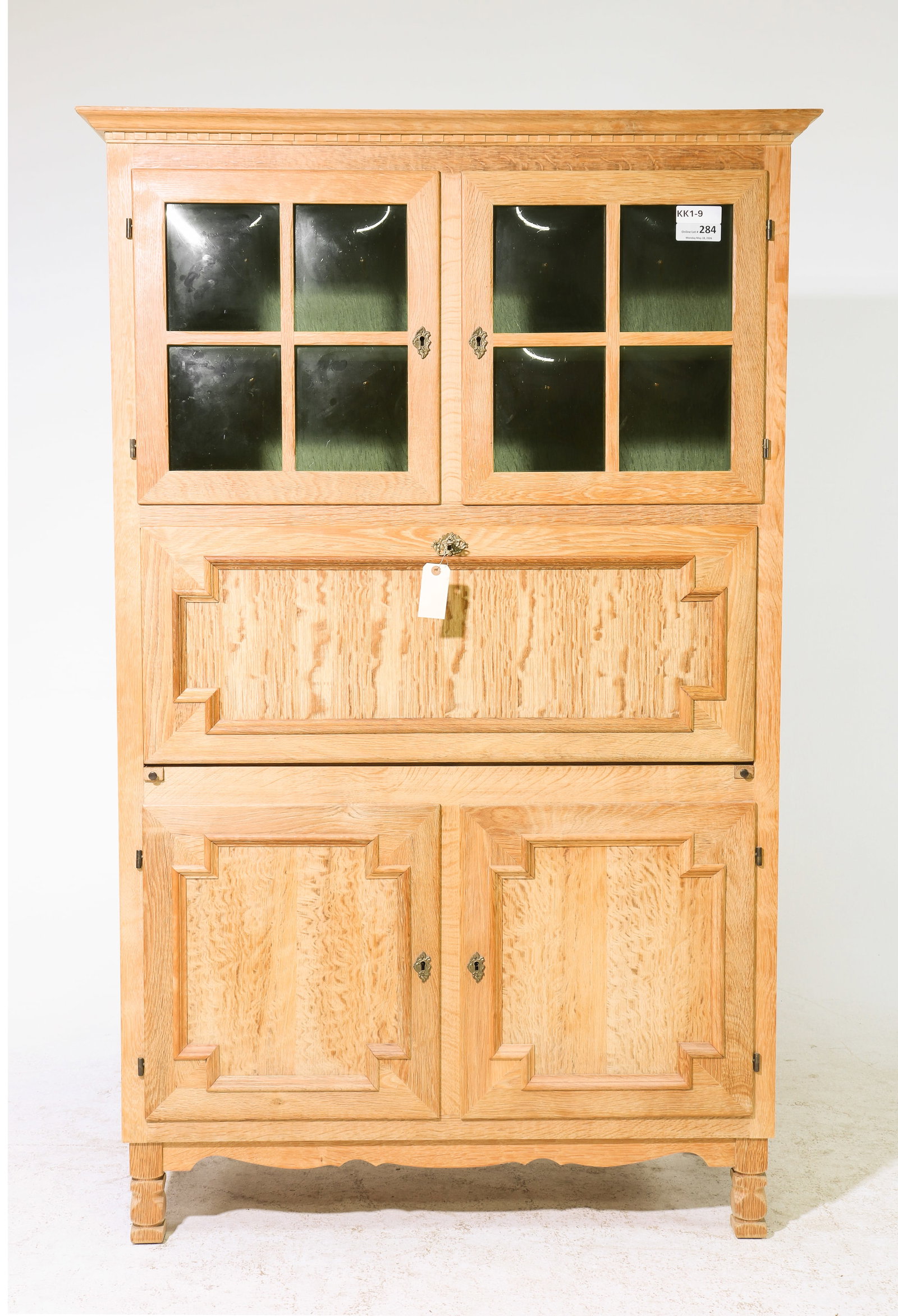 Danish Oak Secretary Cabinet / Desk: Danish Oak Secretary Cabinet / Desk with Green Bubble Glass - 67 in tall x 42.5 x 18.5 - Similar in style to / possibly by : S. Thrane & Son / Henning Kjaernulf / Guillerme & Chambron - This is curren