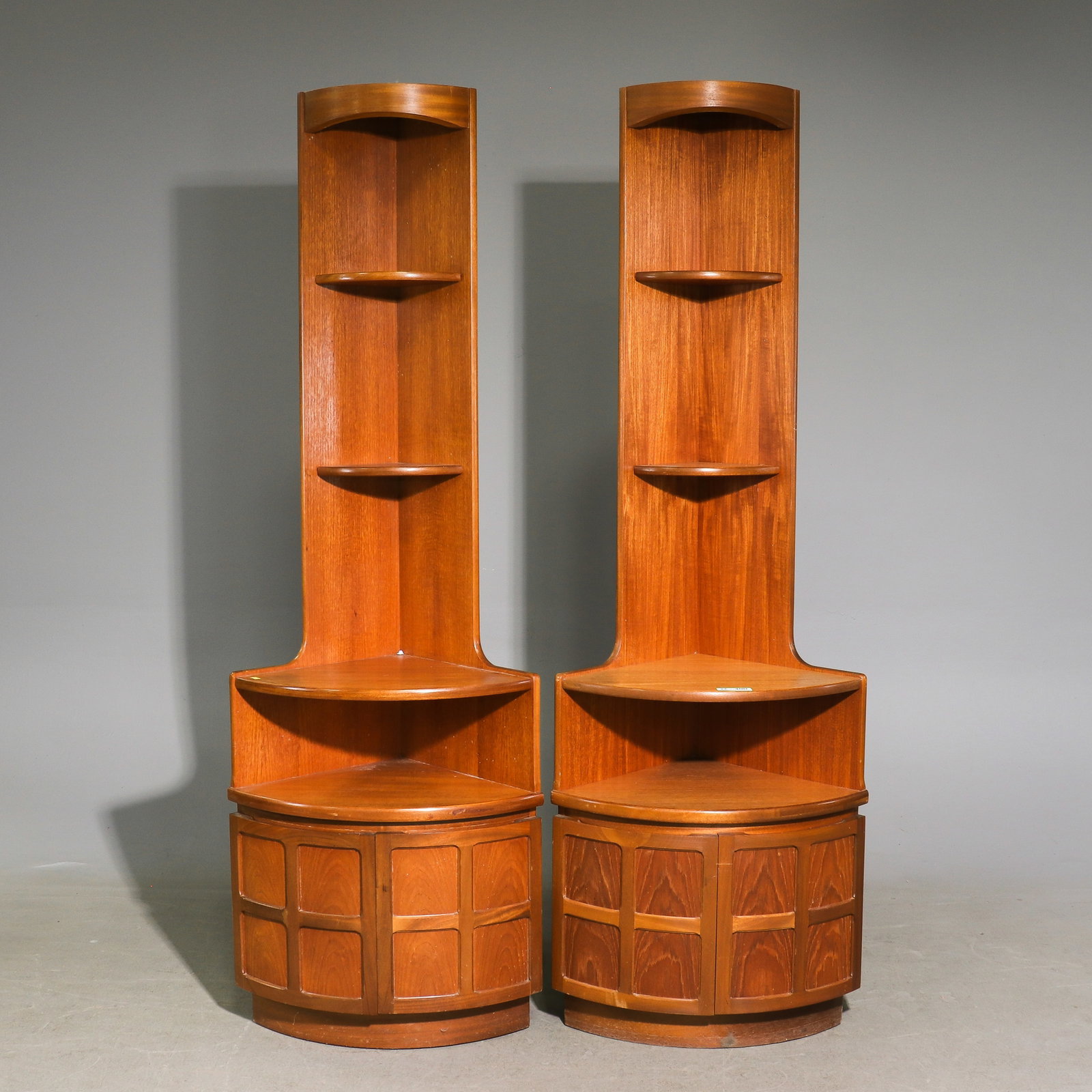 2 Mid Century Modern Corner Cabinets - Nathan: 2 Danish Modern Style Corner Cabinets by Nathan Furniture Co. - 76.25 in tall x 25 x 17.5 each