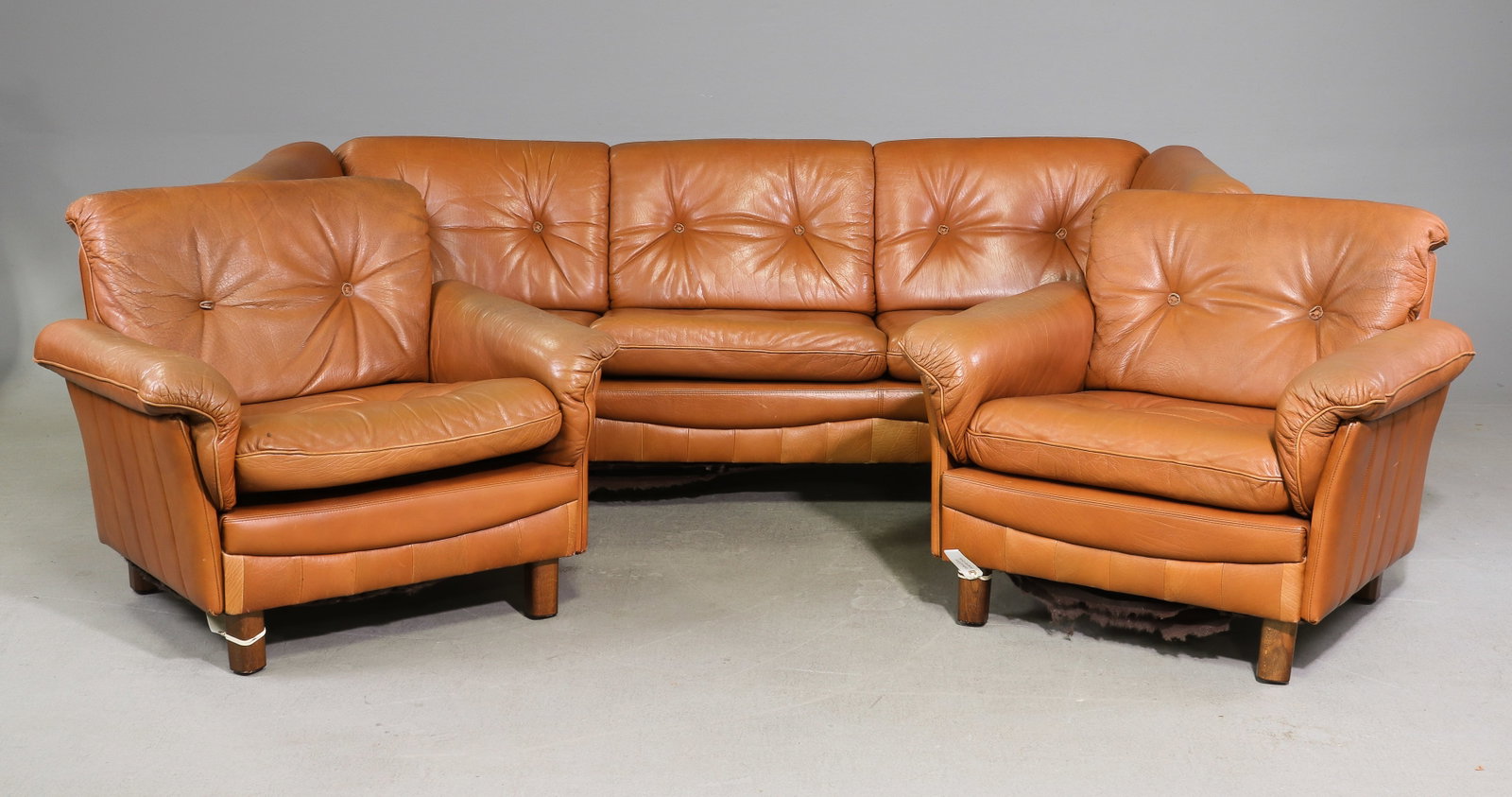 Danish Leather Three Seater Sofa & 2 Arm Chairs (1 of 7)