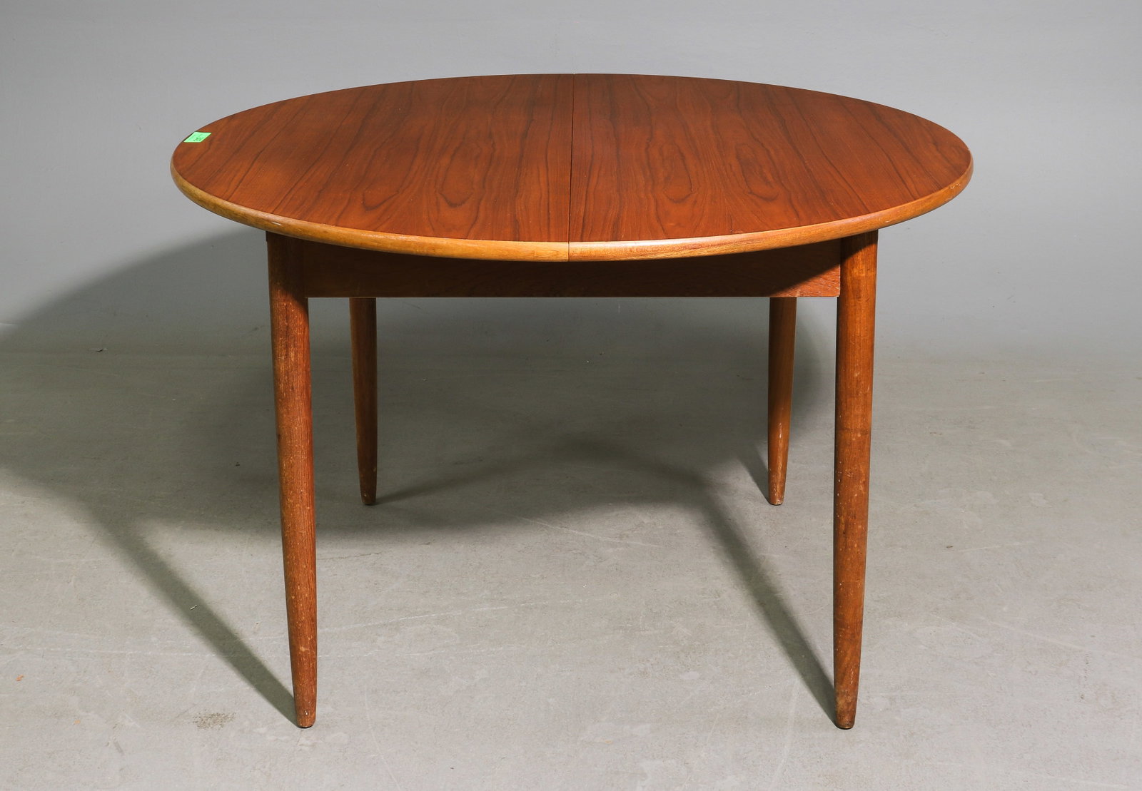 Mid Century Modern Table with Pop Up Leaf: Danish Modern Style Table with Pop Up / Butterfly Leaf - 29.5 in tall x 46 inch diameter, Leaf adds an additional 15 inches