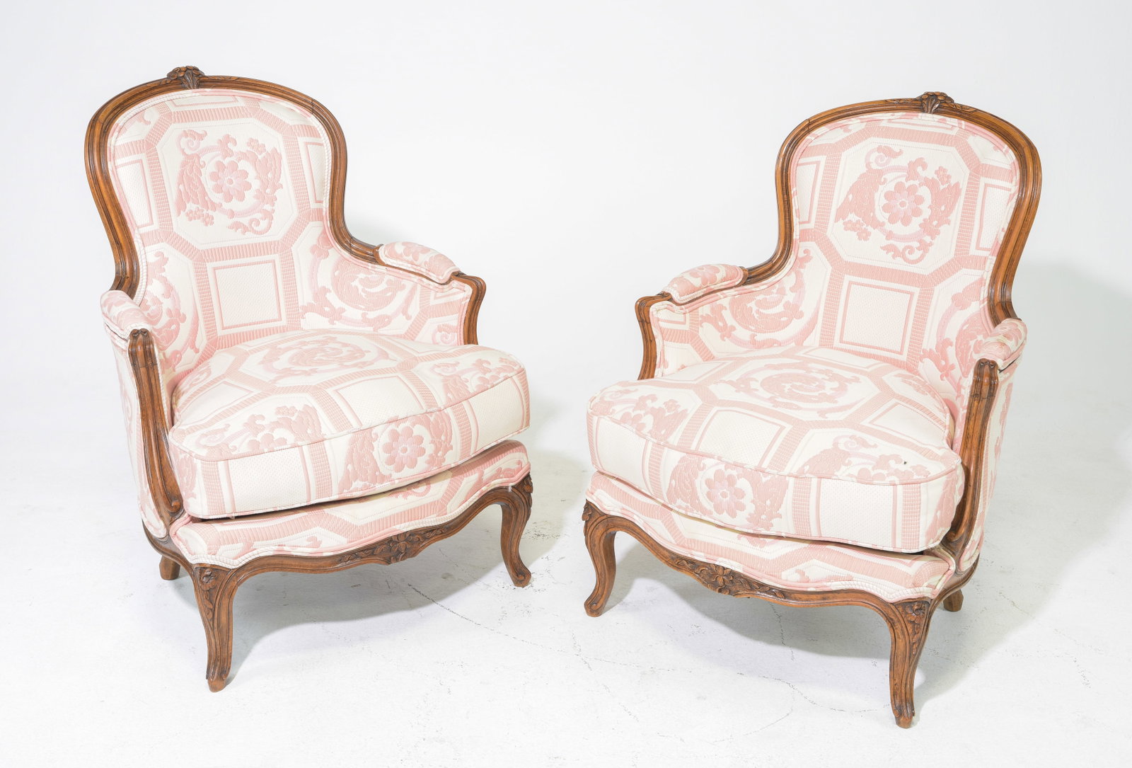 Louis XV Style Pair of Upholstered Walnut Arm Chairs: French Louis XV Style Pair of Upholstered Walnut Arm Chairs - 33.5 in tall x 26 x 26 each with a seat height of
