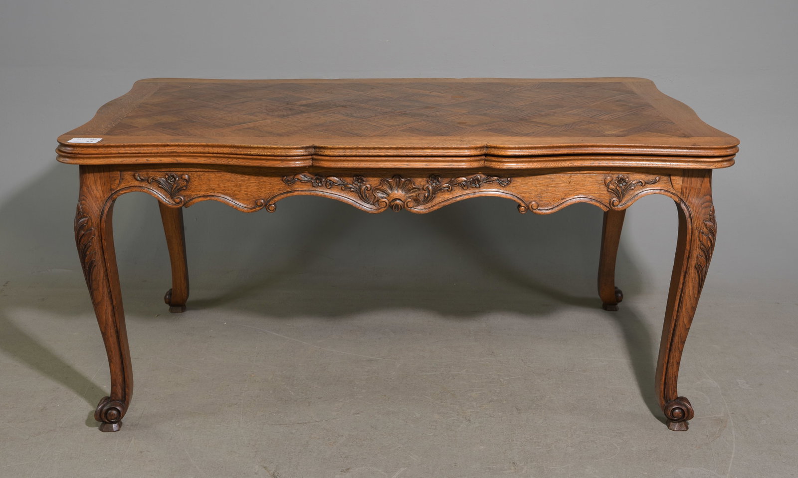 Louis XV Style Walnut Draw Leaf Table: French Louis XV Style Walnut Draw Leaf Parquet Top Table - 30 in tall x 61.5 x 39, Leaves add an additional 23.5 inches each, Floor to apron is 23 inches and the space between the legs is 54.5 inches