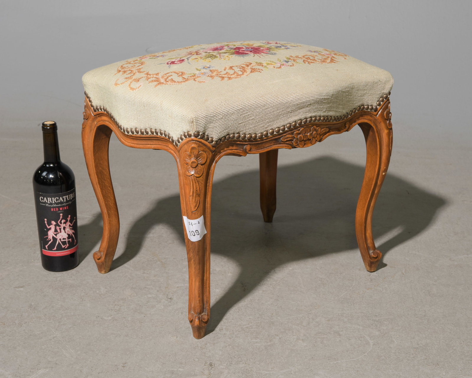 Louis XV Style Needlepoint Stool #1: French Louis XV Style Needlepoint Stool - 16 in tall x 18.5 x 14