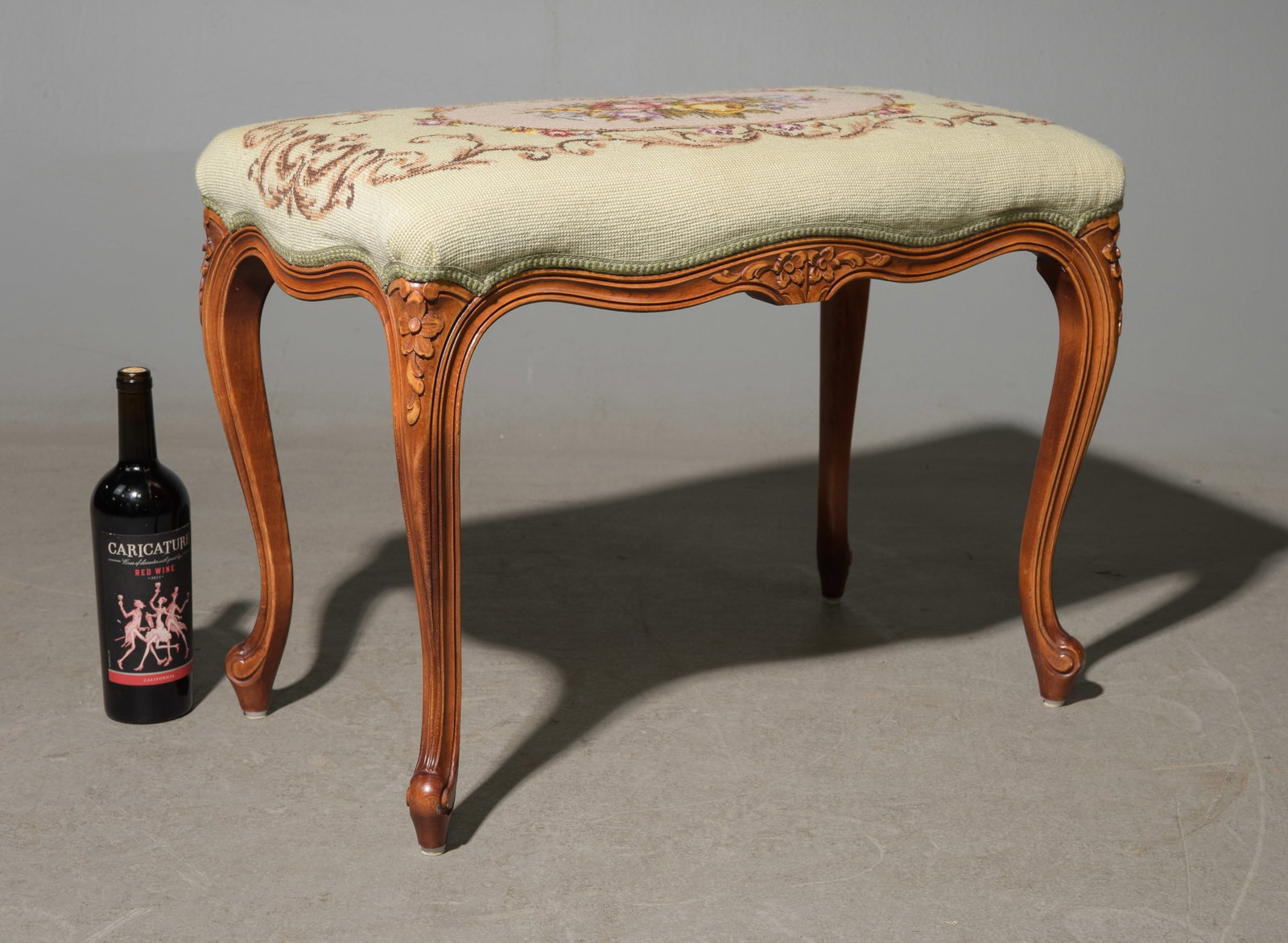 Louis XV Style Needlepoint Stool #2: French Louis XV Style Needlepoint Stool - 18.5 in tall x 26 x 15.5
