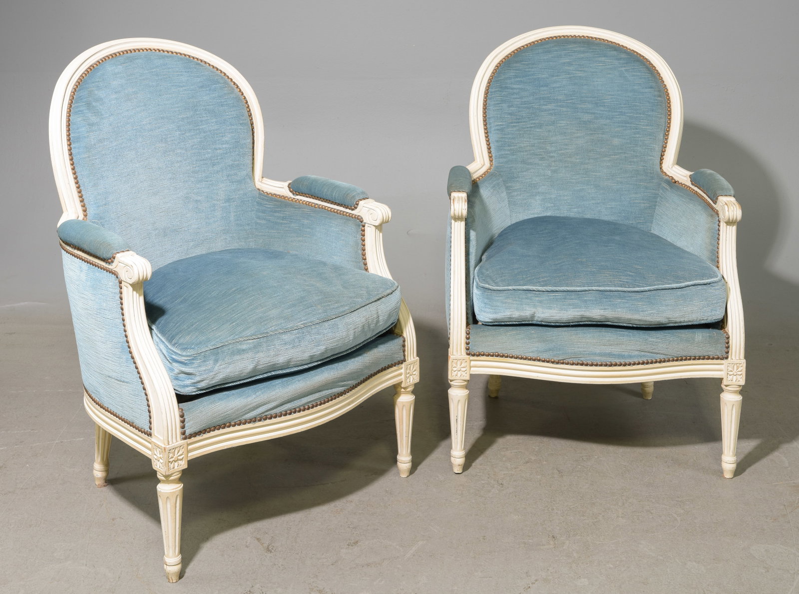 Louis XVI Style Pair of Painted Upholstered Arm Chairs: French Louis XVI Style Pair of Painted Beech Wood Upholstered Arm Chairs - 38 in tall x 27 x 26 each with a seat height of 19 inches