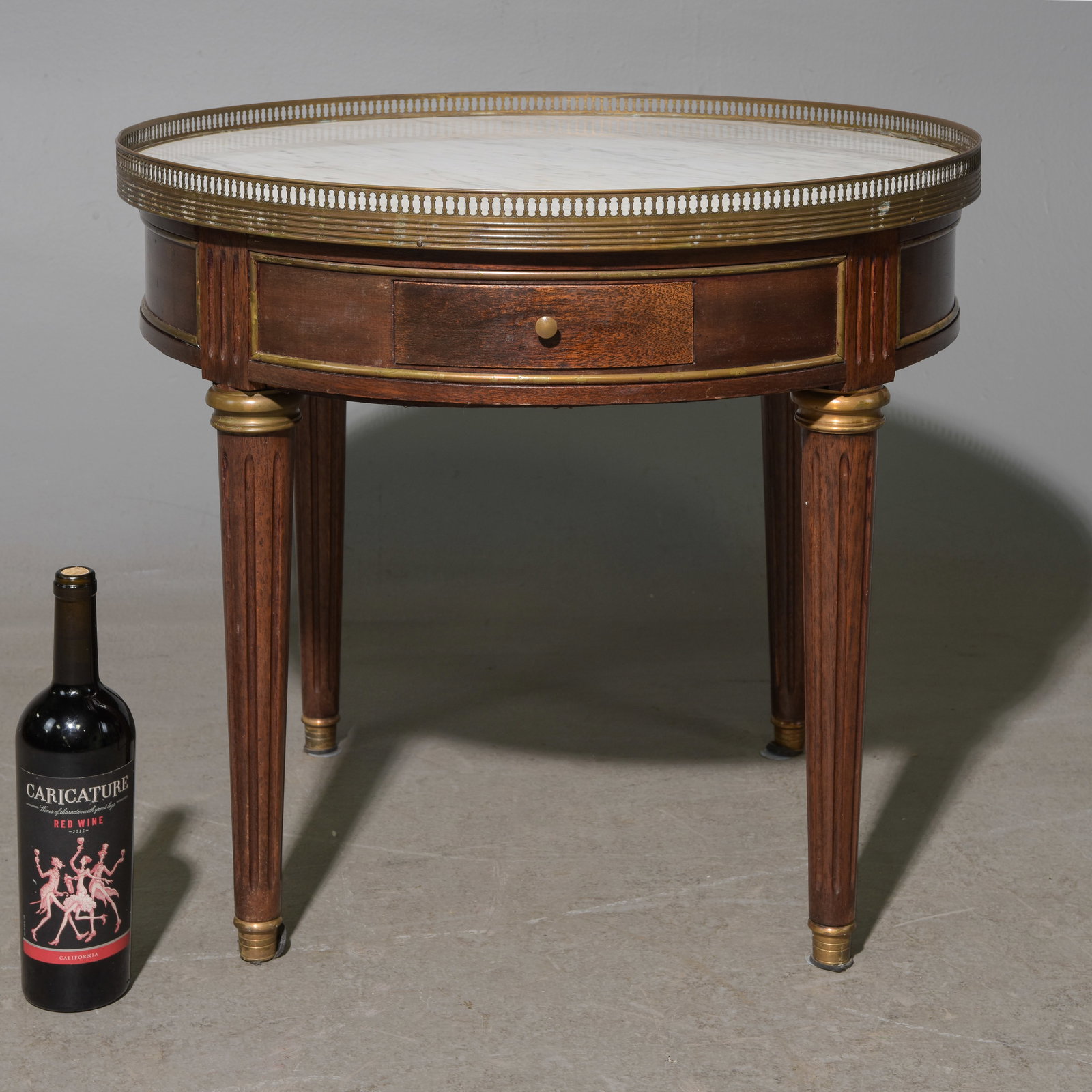 Louis XVI Style White Marble Top Boulotte Table: French Louis XVI Style White Marble Top Boulotte Table - 23 in tall x 26 inch diameter