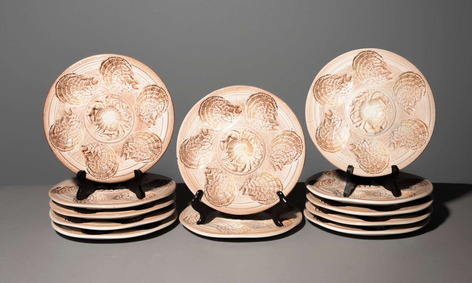 12 French Oyster Plates with Crab Motif: 12 French Oyster Plates with Crab Motif - 1 in tall x 9.5 inch diameter