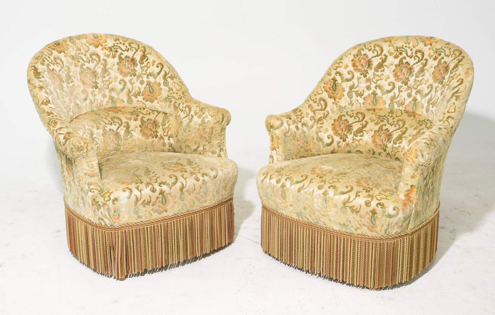 French Pair of Upholstered Beech Wood Crapeau Chairs: French Pair of Upholstered Beech Wood Crapeau Chairs with Fringed Skirt - 31.25 in tall x 28 x 30 each with a seat height of 16 inches