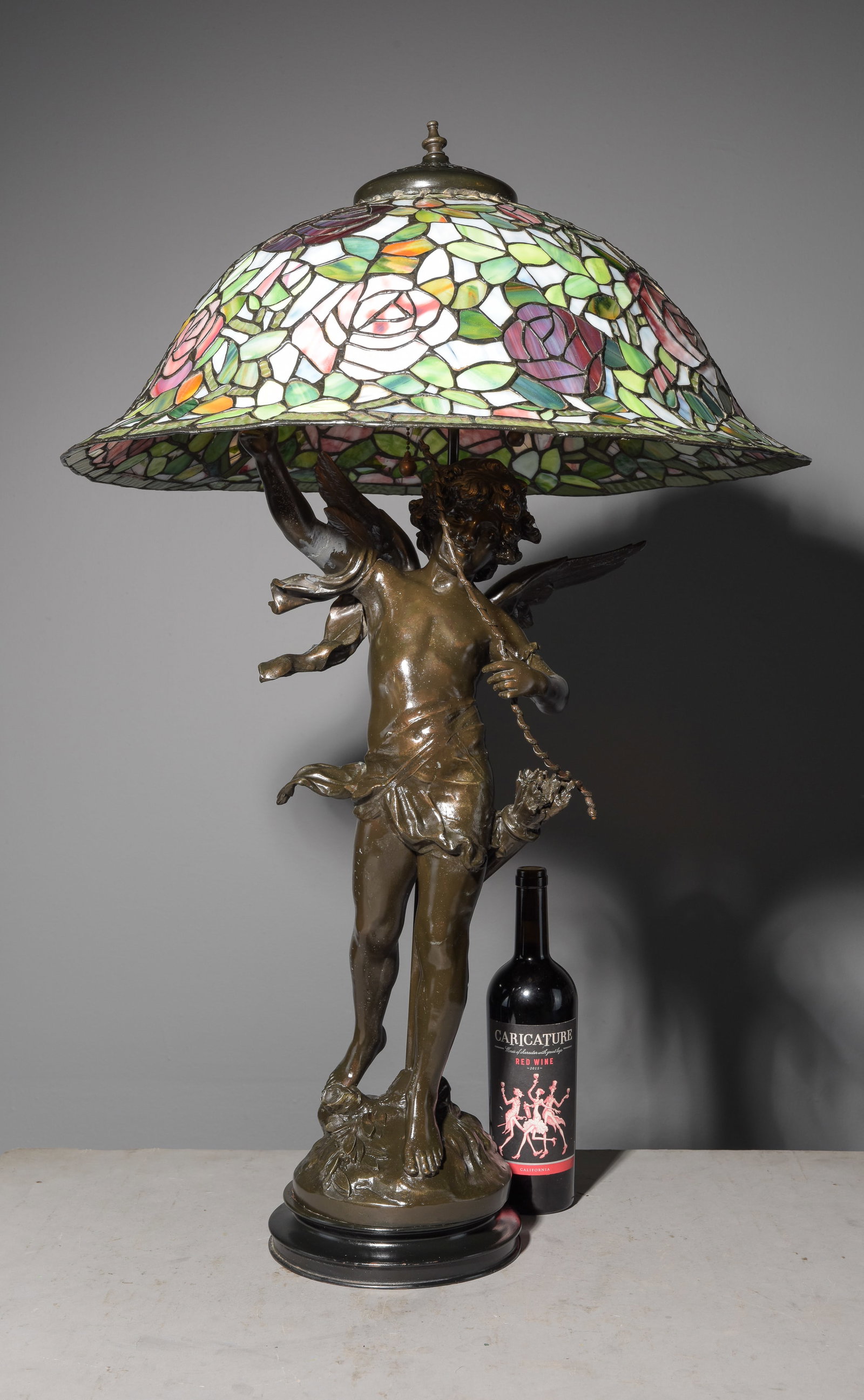 Dale Tiffany Stained Glass Figural Lamp: Dale Tiffany Stained Glass Tiffany Style Auguste Moreau Style Metal Figural Lamp - 37 in tall x 24.5 inch diameter including the shade