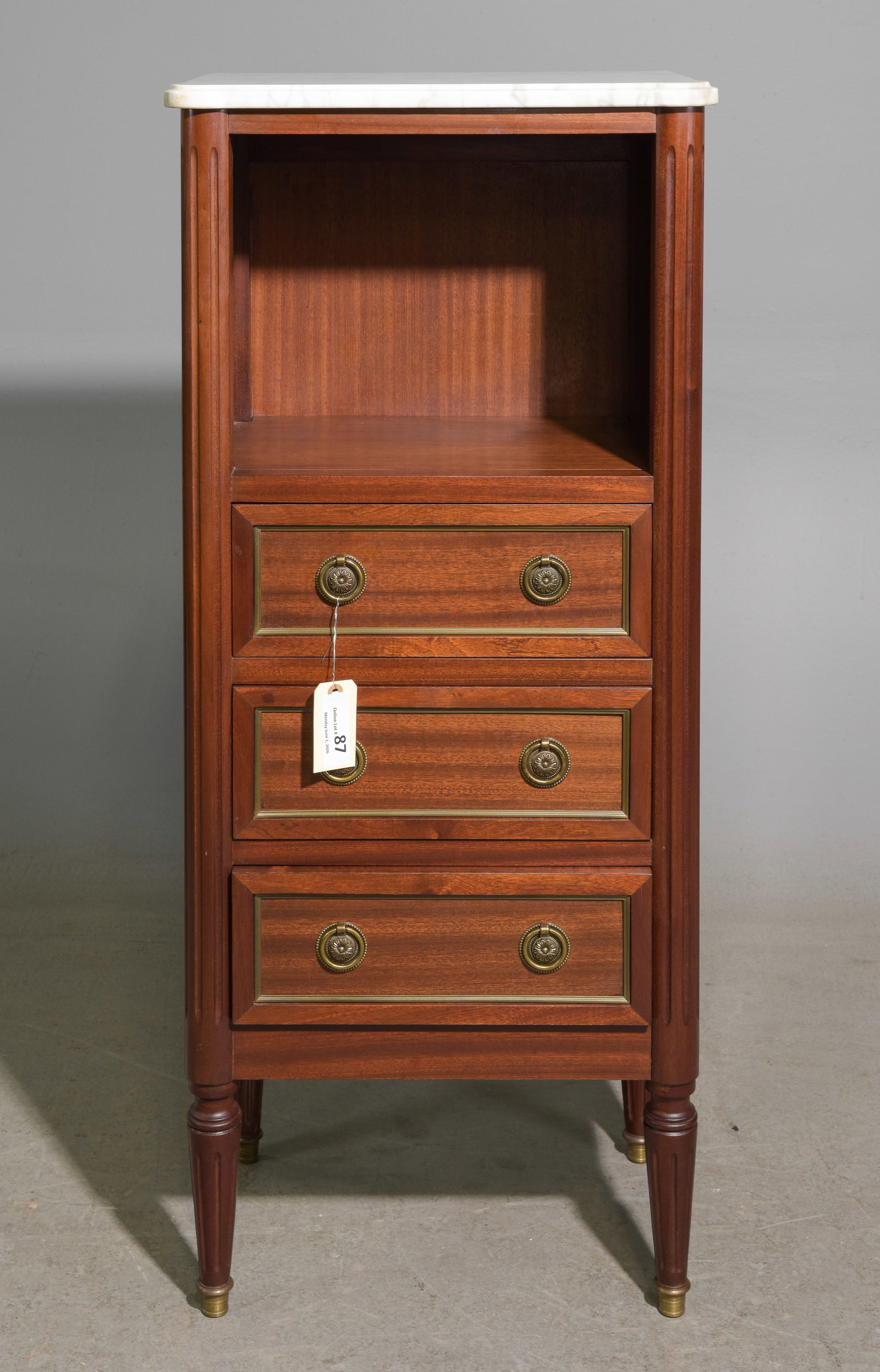 Louis XVI Style White Marble Top Mahogany Cabinet: Louis XVI Style White Marble Top Mahogany Hall Cabinet with Drawers - 44 in tall x 18.5 x 13