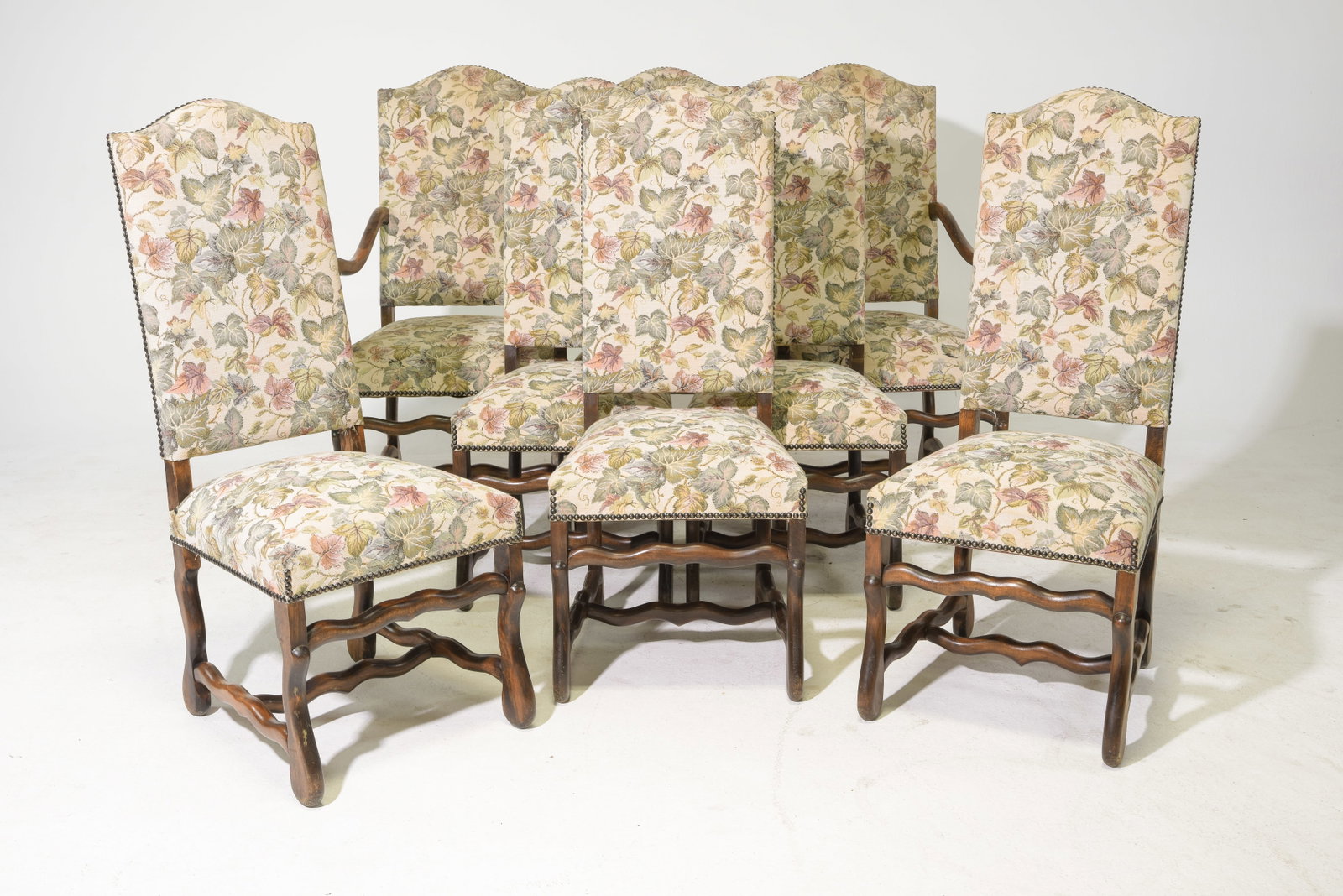 French Set of 8 Mouton Style High Back Chairs: French Set of 8 Mouton Style High Back Chairs - Arm chairs are 43.5 in tall x 23 x 25 each with a seat height of 18 inches, Side chairs are 43.5 in tall x 18 x 19.5 each with a seat height of 18