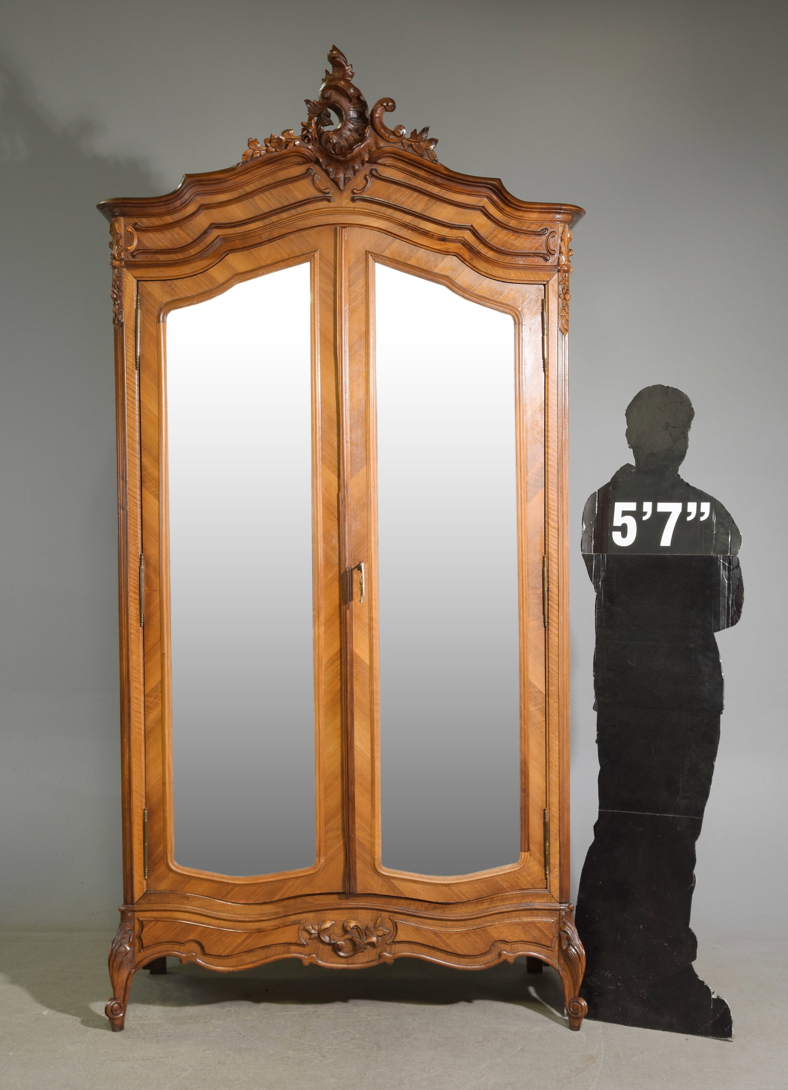Louis XV Style Double Mirror Door Armoire: French Louis XV Style Double Mirror Door Walnut Armoire - 97.5 in tall x 47 x 21