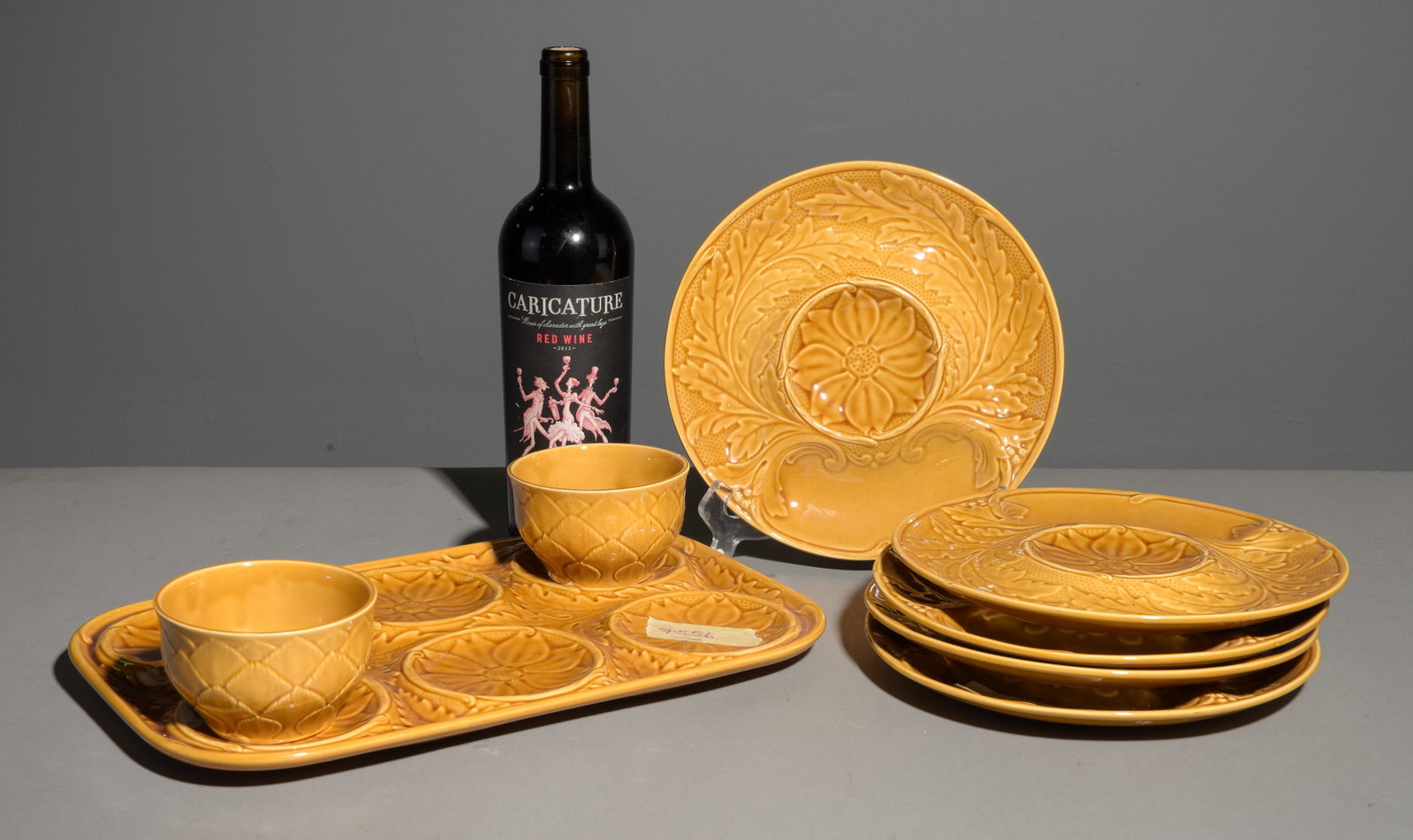 8pc French Artichoke Plate Set: 8pc French Artichoke Plate Set - Platter is 1 in tall x 14.5 x 10, Plates are 1 in tall x 9.5 inch diameter and the cups are 2.5 in tall x 4 inch diameter each