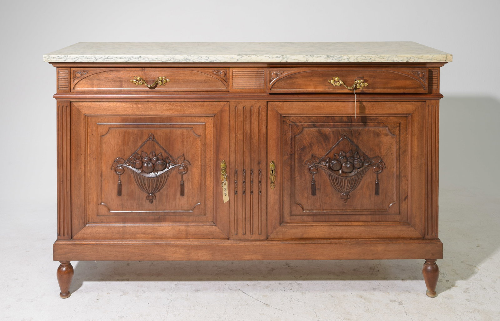 French Marble Top Carved Walnut Buffet: French Marble Top Carved Walnut Buffet / Sideboard - 39.5 in tall x 63 x 21
