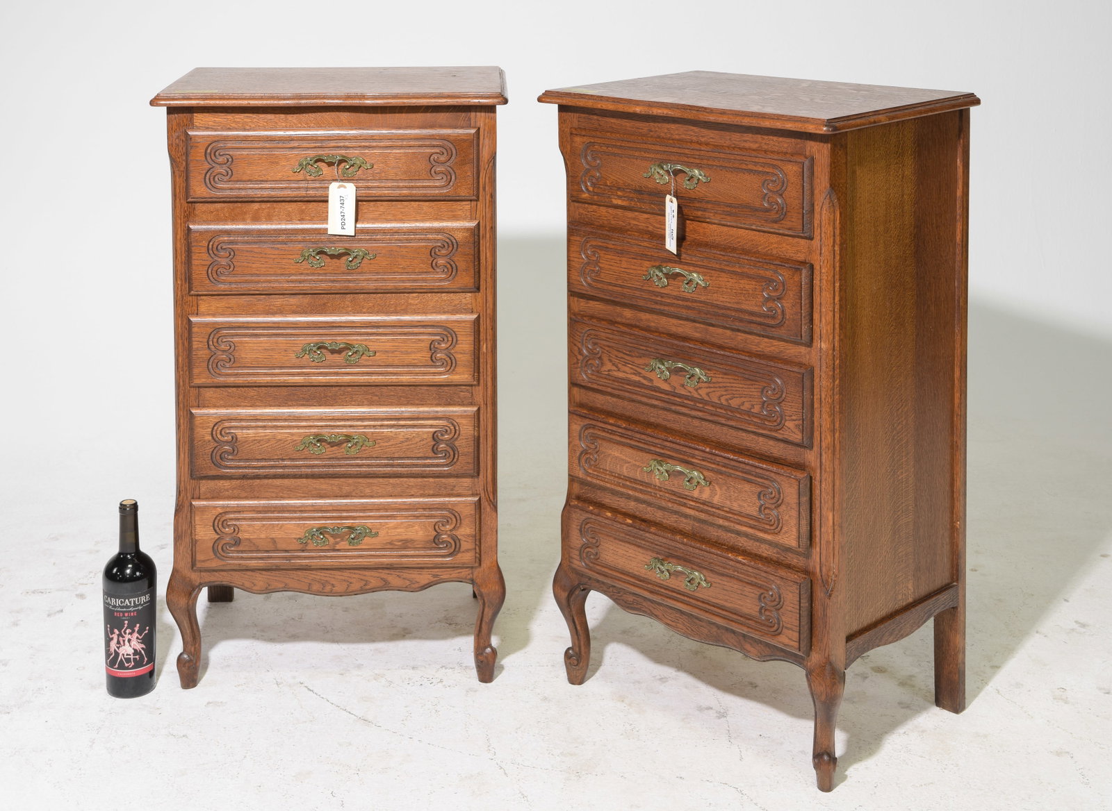 Louis XV Style Pair of Oak Chests / Bedsides: French Louis XV Style Pair of Oak Five Drawer Chests / Bedsides - 37 in tall x 21 x 15 each