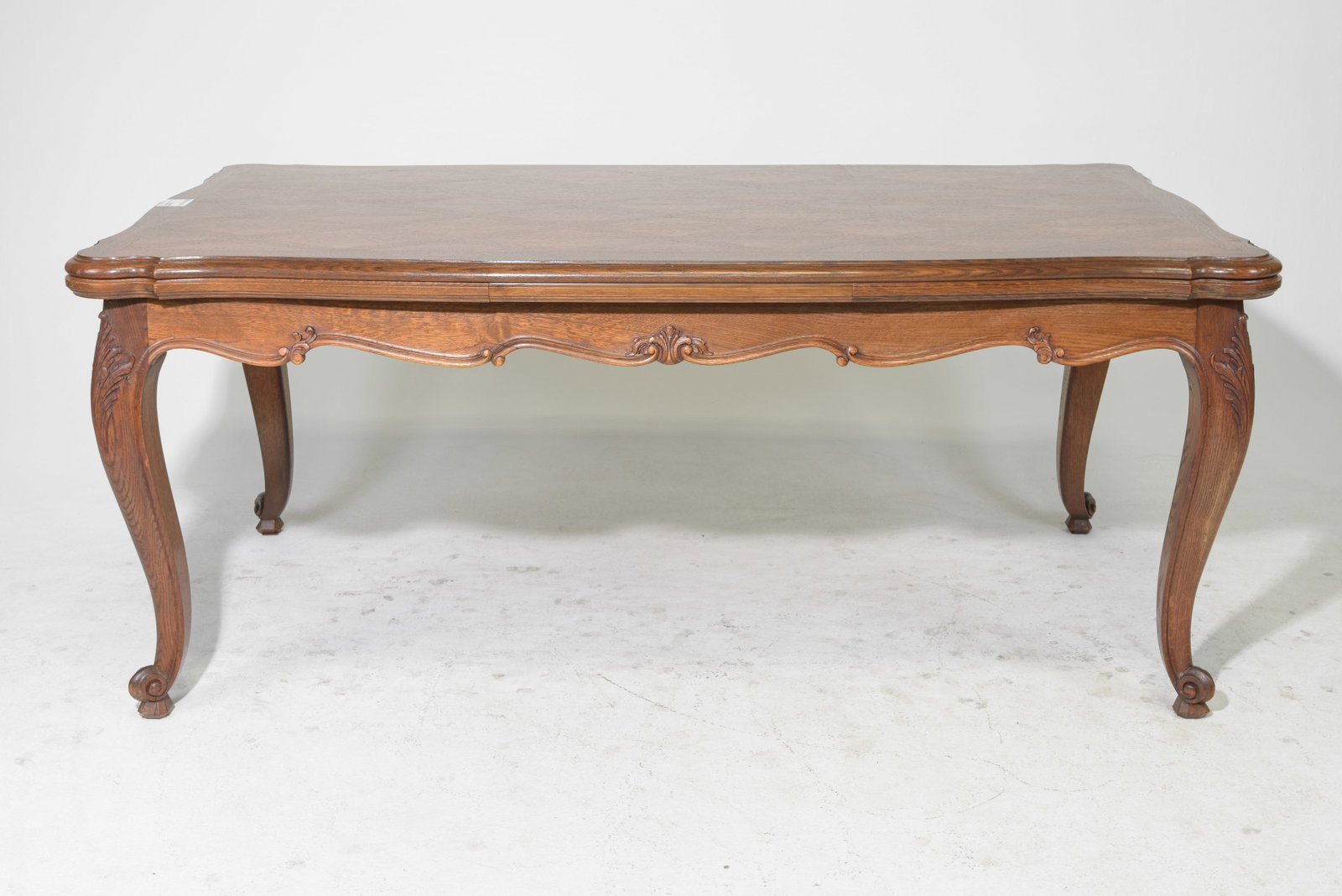 Louis XV Style Large Oak Draw Leaf Table: French Louis XV Style Large Oak Draw Leaf Table - 30 in tall x 72 x 39, Leaves add an additional 25 inches each, Floor apron is 23 inches and the space between the legs is 62 inches