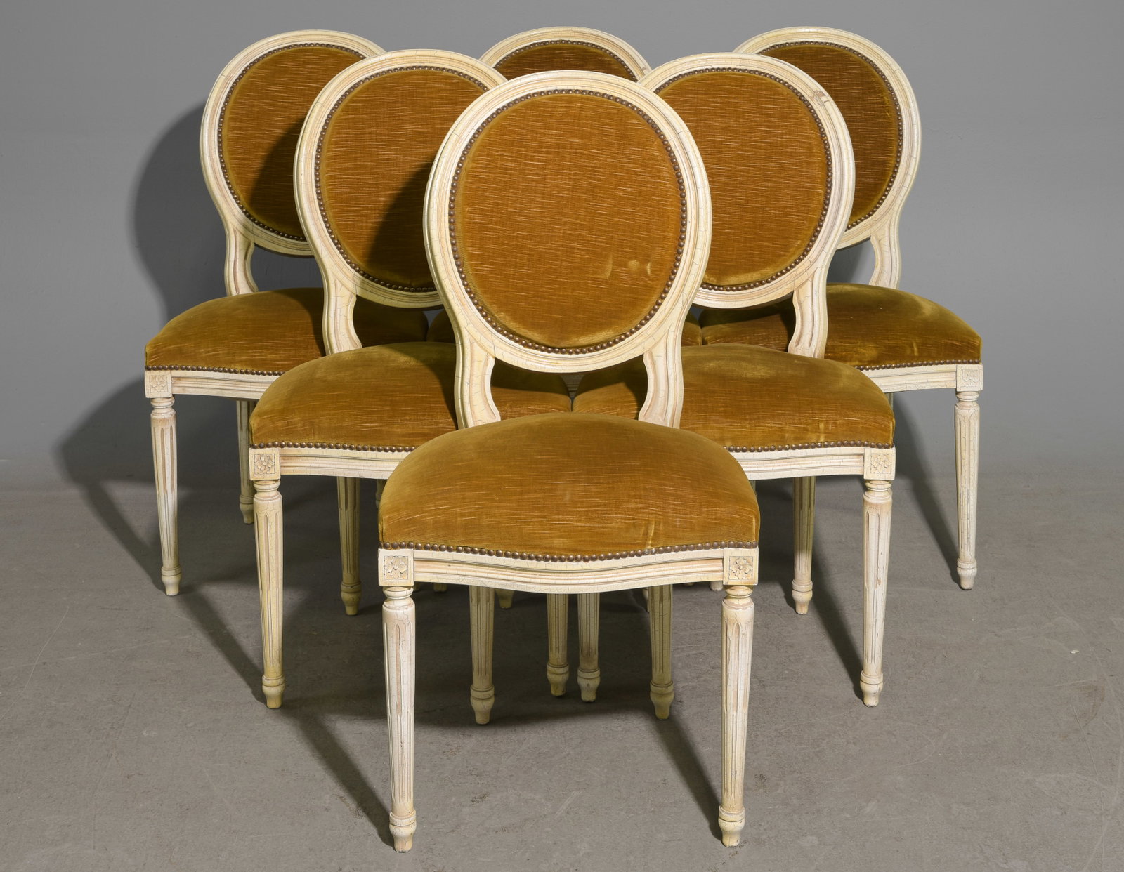 Louis XVI Style Set of 6 Painted Dining Chairs: French Louis XVI Style Set of 6 Painted Beech Wood Dining Chairs - 38 in tall x 19.5 x 21 each with a seat height of 18 inches