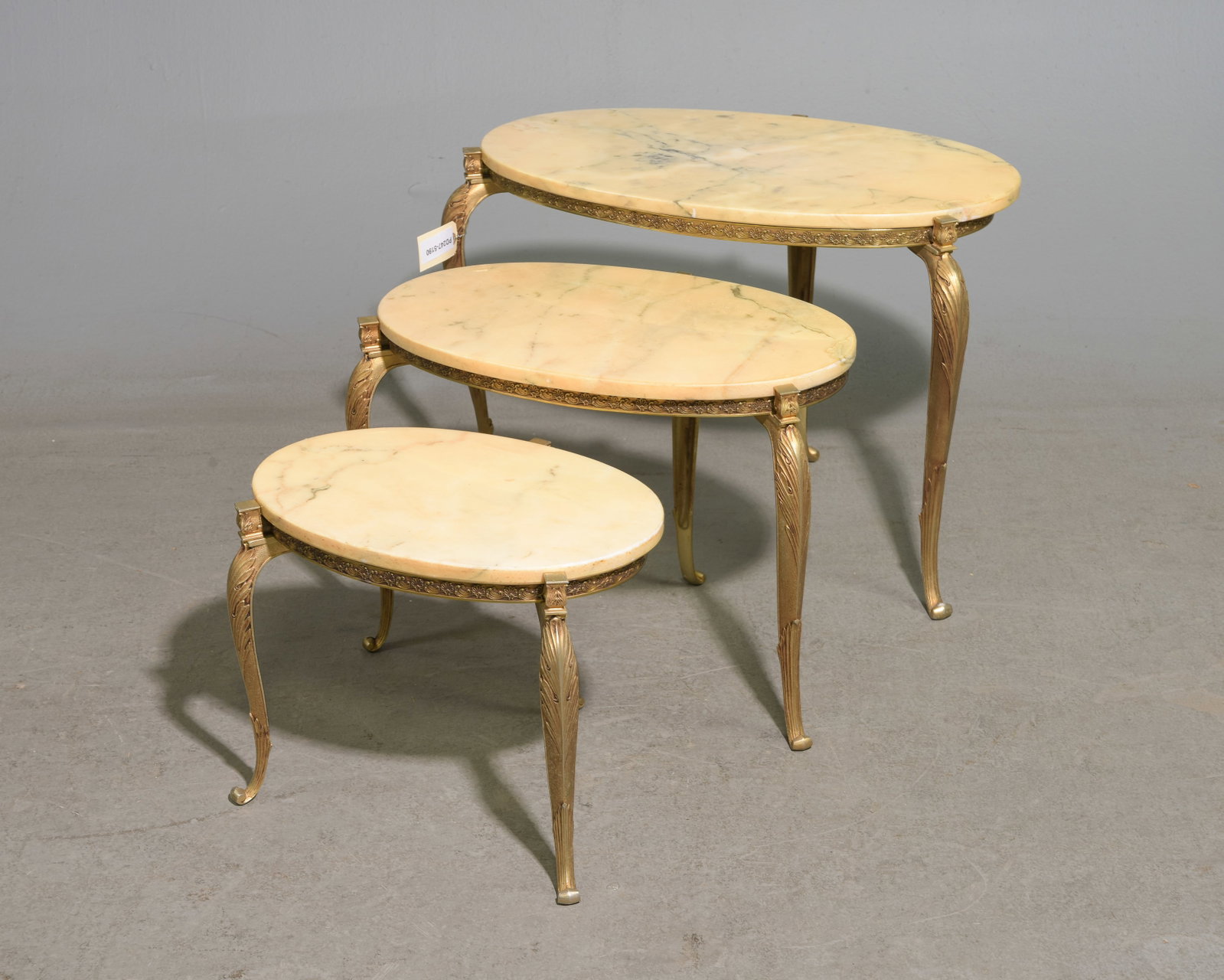 French Brass & Marble Nest of Three Tables: French Brass & Marble Nest of Three Tables - 18 in tall x 26 x 16, 15.5 in tall x 21 x 14 and 12.5 in tall x 17 x 12