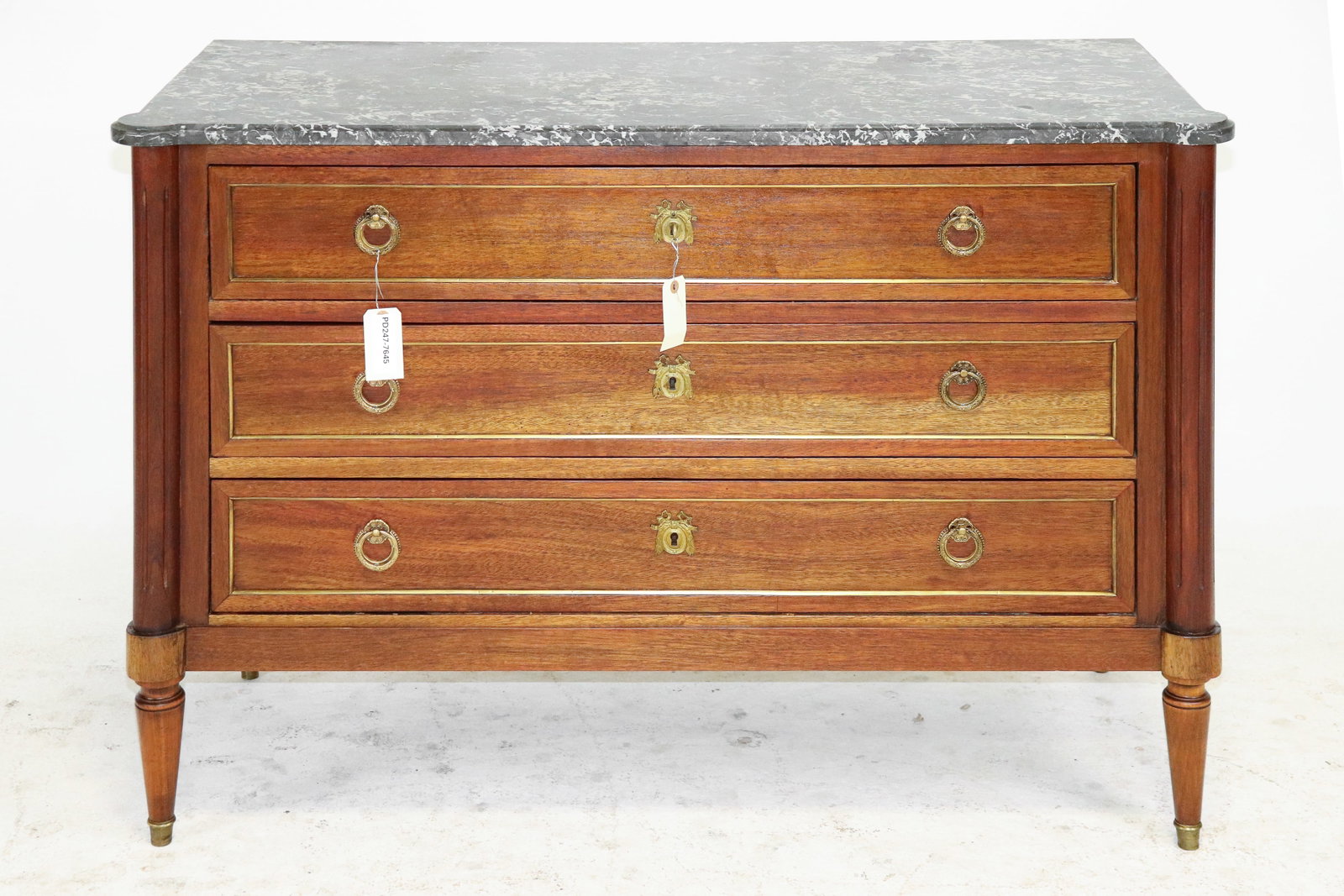 Louis XVI Style Marble Top 3 Drawers Chest: French Louis XVI Style Marble Top 3 Drawers Chest - 33 in tall x 46.25 x 20
