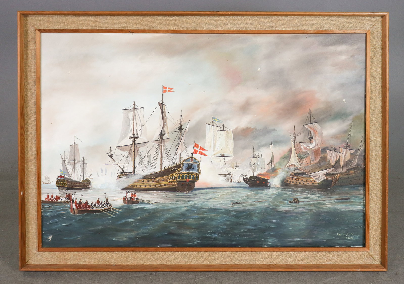 Danish Framed Oil On Canvas - Naval Ship Battle (1 of 6)