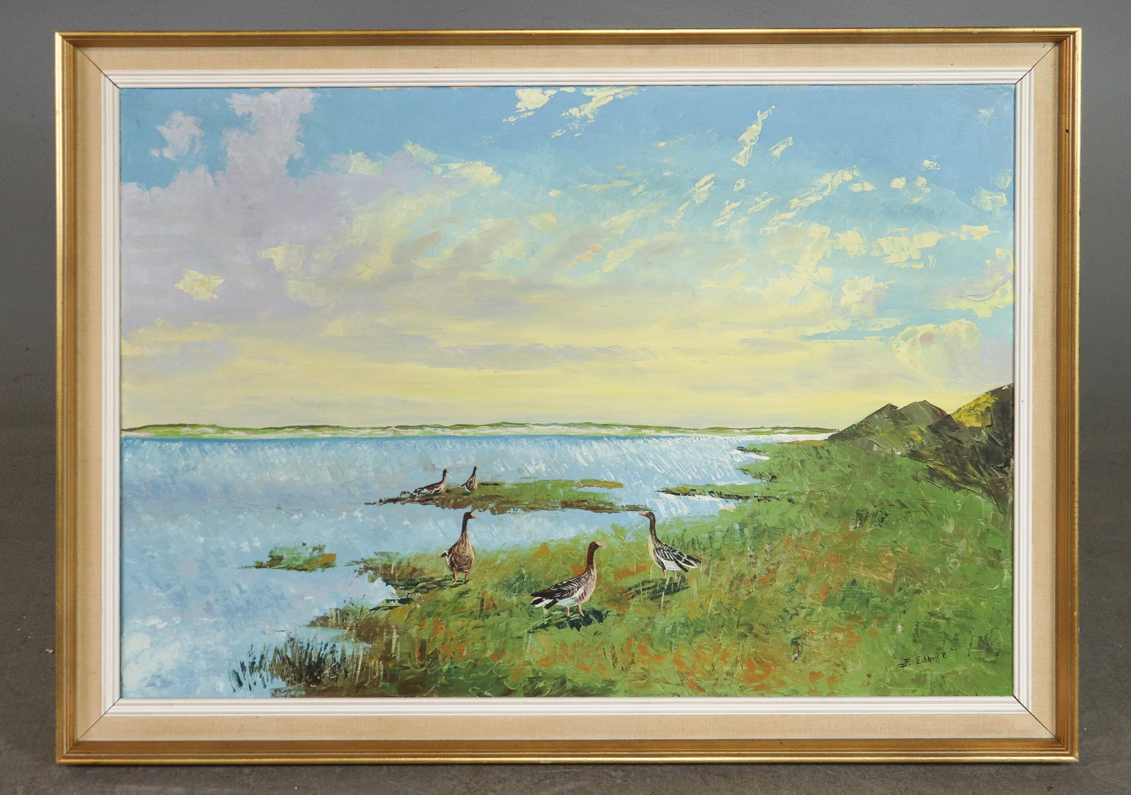 Danish Framed Oil On Canvas - Ducks In The Foreground (1 of 5)