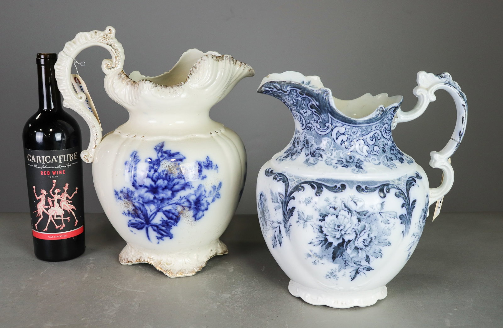 2 Victorian Style Blue & White Floral Pitchers: 2 Victorian Style Blue & White Floral Pitchers - 13.5 in tall x 10.5 x 8