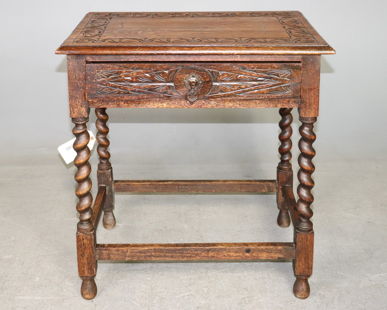 Britsh Carved Oak Barley Twist Writing Table: Britsh Carved Oak Barley Twist Writing Table - 29 in tall x 27 x 17.75