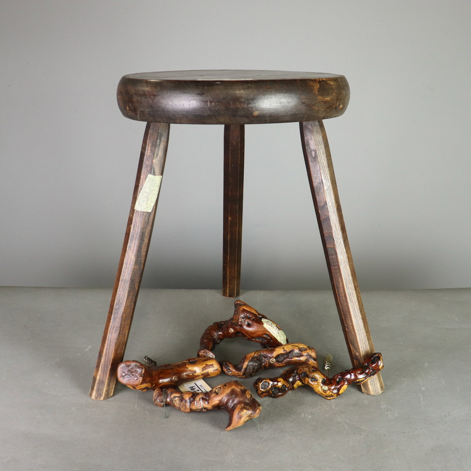 5 Assorted Vinewood Corkscrews & Milking Stool: 5 Assorted Vinewood Corkscrews & Milking Stool - 5 in tall x 5 x 5, 17.75 x 17.75 x 17.75