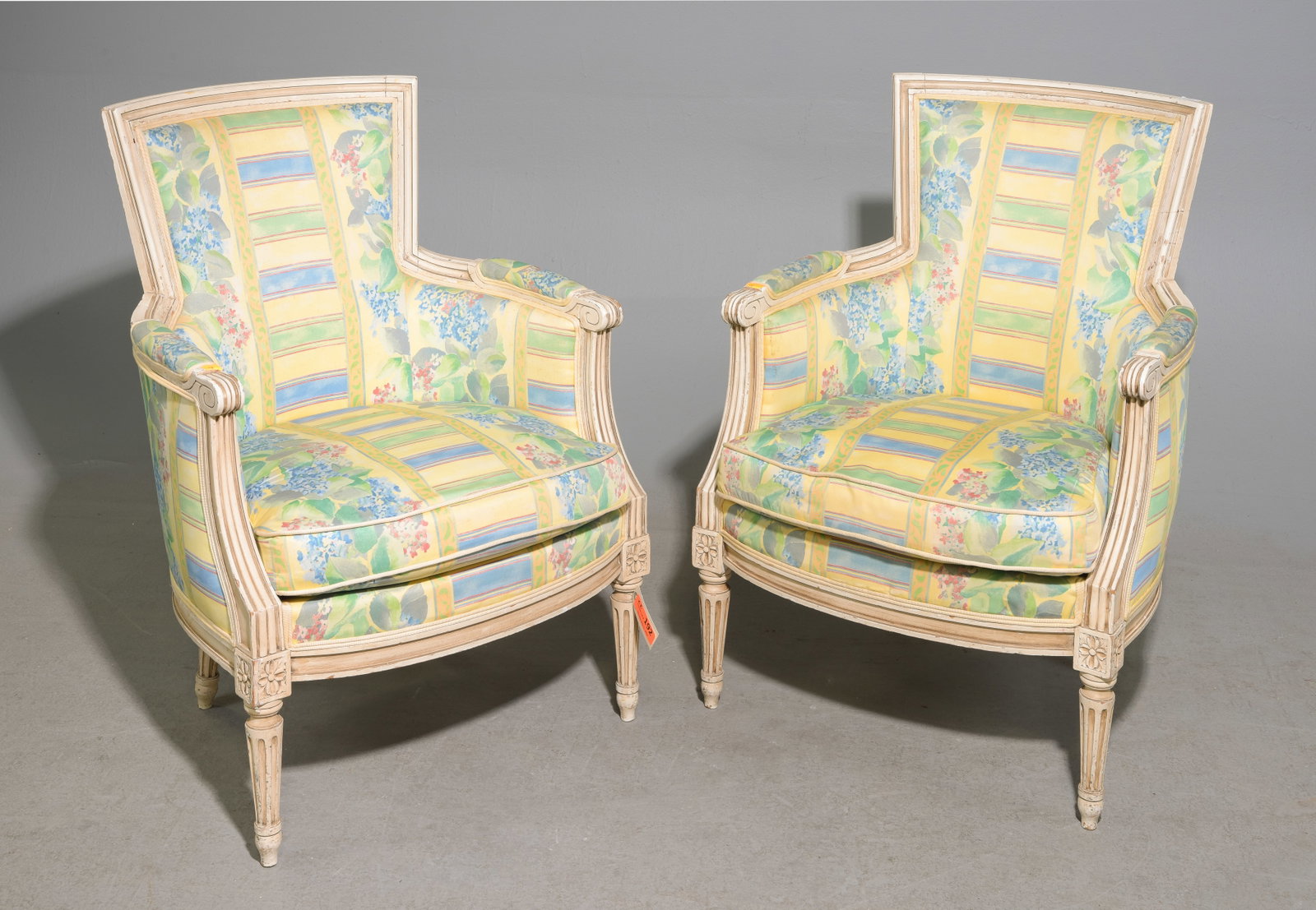 Louis XVI Style Pair of Painted Arm Chairs: French Louis XVI Style Pair of Painted Arm Chairs - 33.75 in tall x 23.75 x 24.5 each with a seat height of 17.5 inches