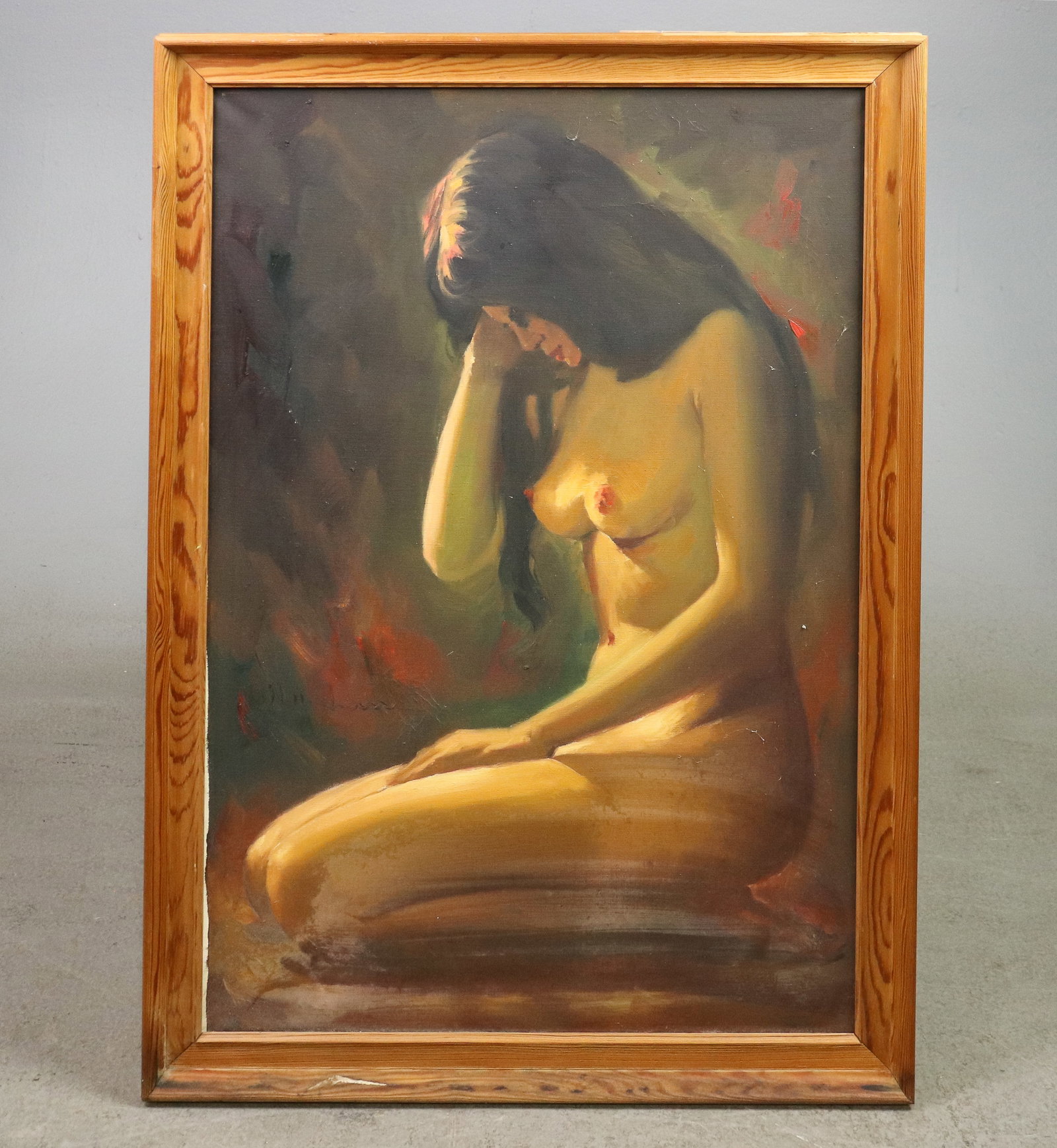 Danish Framed Oil On Canvas " Resting Pose ": Danish Framed Oil On Canvas " Resting Pose " - 32.5 in tall x 22.75 x 1.5