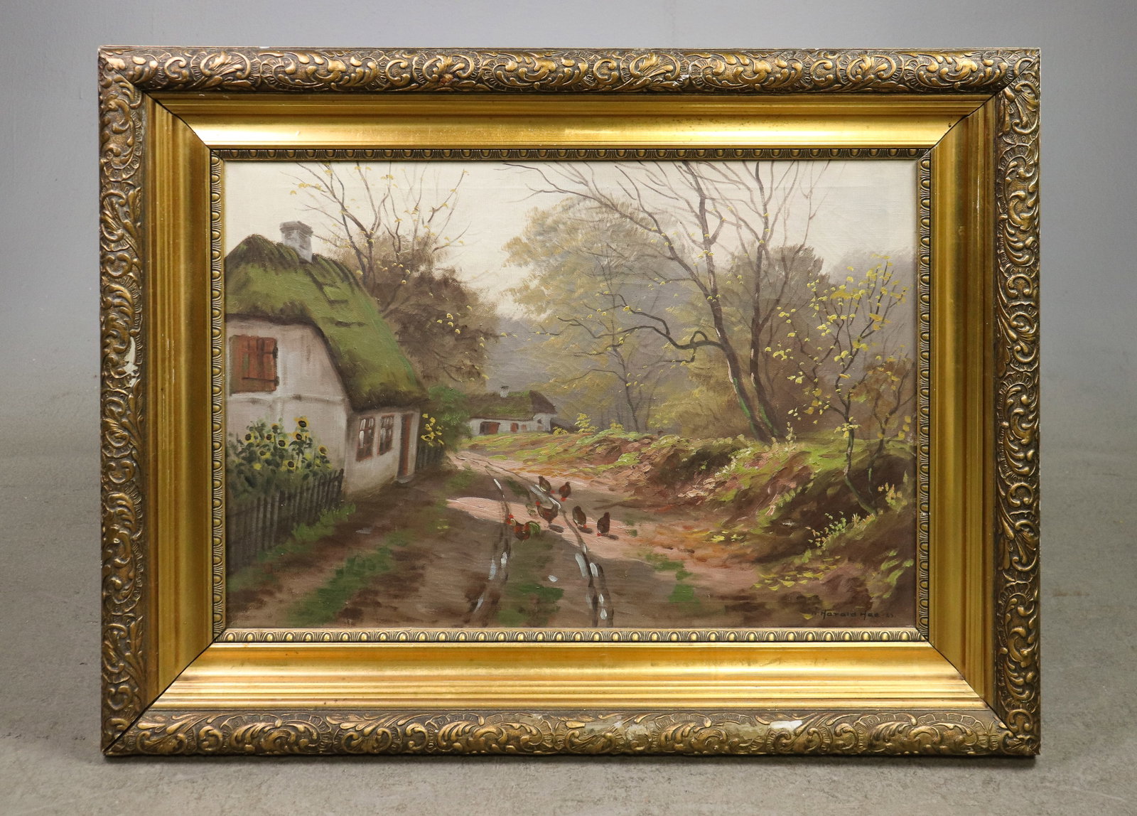 Danish Gold Framed Oil On Canvas - Landscape: Danish Gold Framed Oil On Canvas - Landscape - 25.75 in tall x 33.5 x 1.5