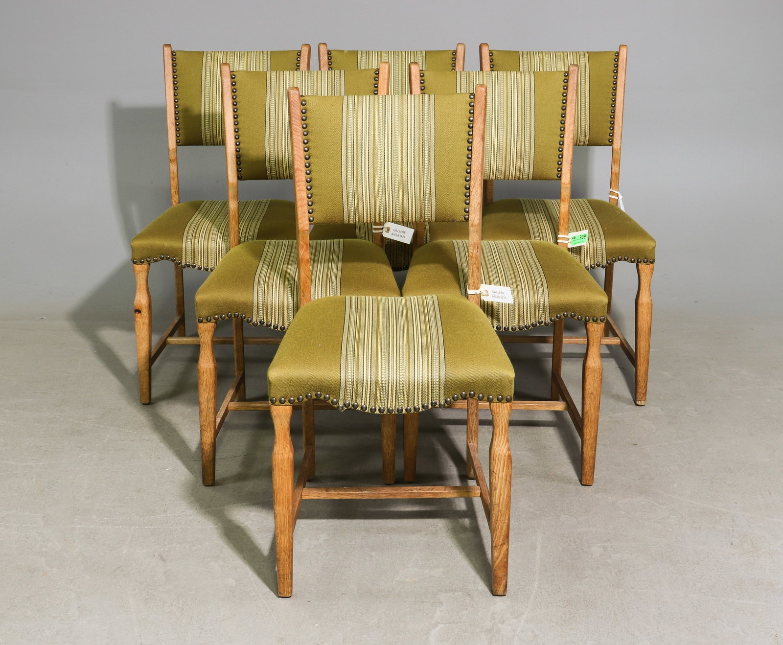 Danish Oak Set of 6 Dining Chairs: Danish Oak Set of 6 Dining Chairs - 36.5 in tall x 18.5 x 20 each with a seat height of 18.5 inches - Similar in style to / possibly by : S. Thrane & Son / Henning Kjaernulf / Guillerme & Chambron -