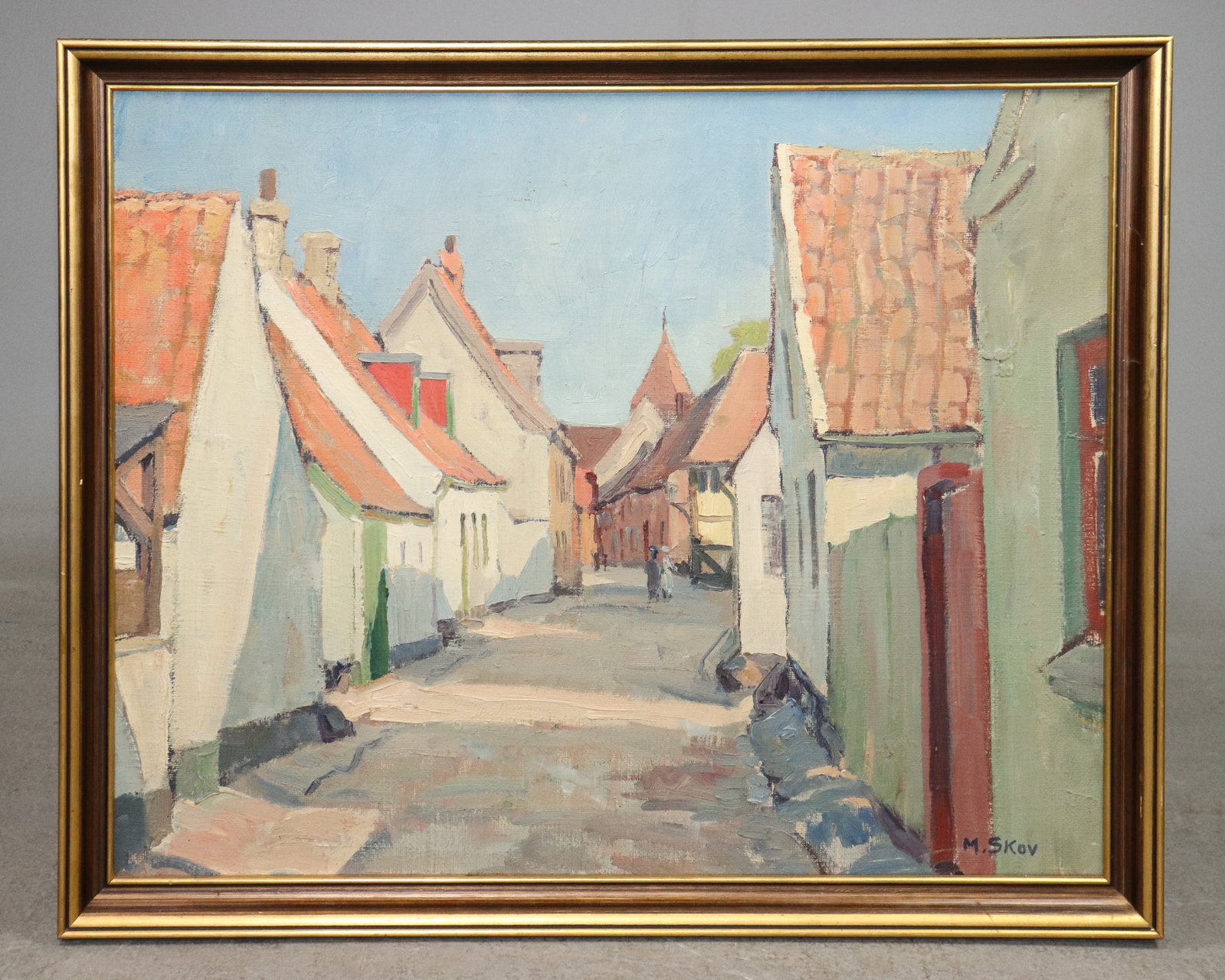 Danish Framed Oil On Canvas - Street View: Danish Framed Oil On Canvas - Street View - 24 in tall x 29.25 x 1