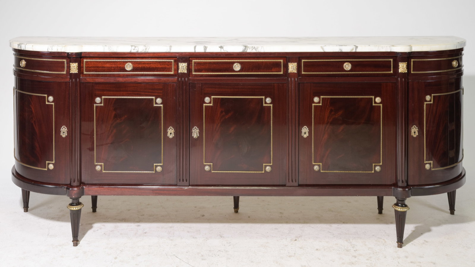 Louis XVI Style Long White Marble Top Sideboard: French Louis XVI Style Long Five Door White Marble Top Curved Mahogany Sideboard / Enfilade - 40 in tall x 99 x 21