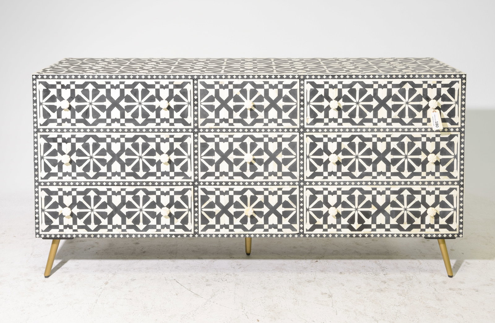 Black & White 9 Drawer Bone Inlaid Dresser / Sideboard: Black & White 9 Drawer Bone Inlaid Dresser / Sideboard - 34.5 in tall x 69.5 x 19