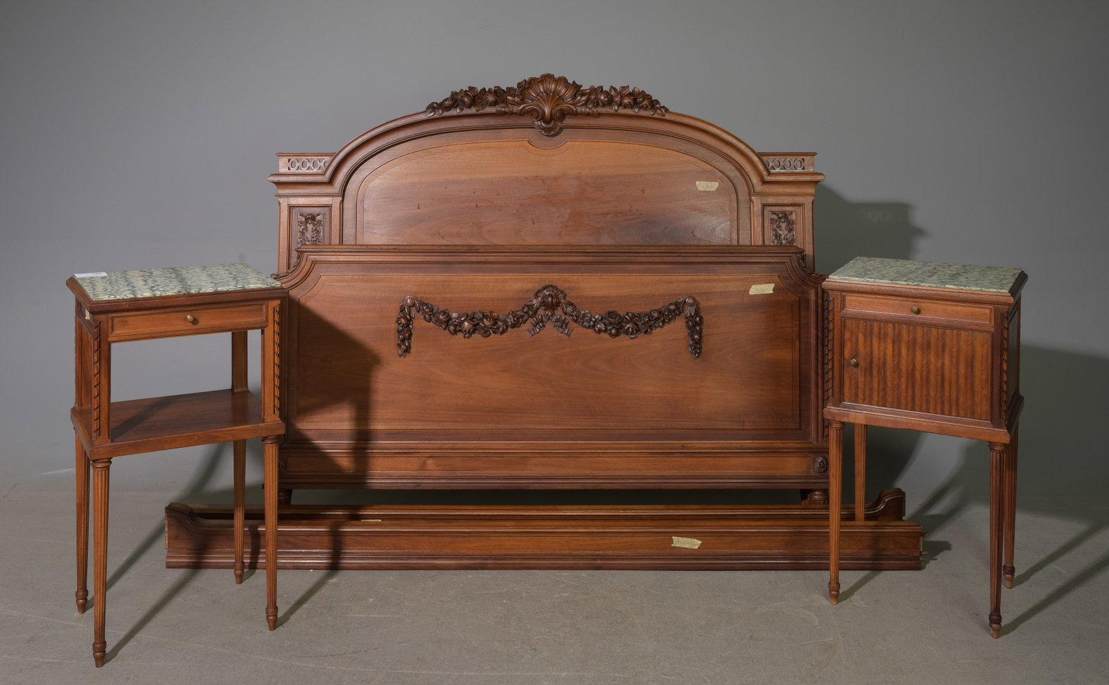 Louis XVI Style Walnut Bed & 2 Marble Top Nighstands (1 of 3)