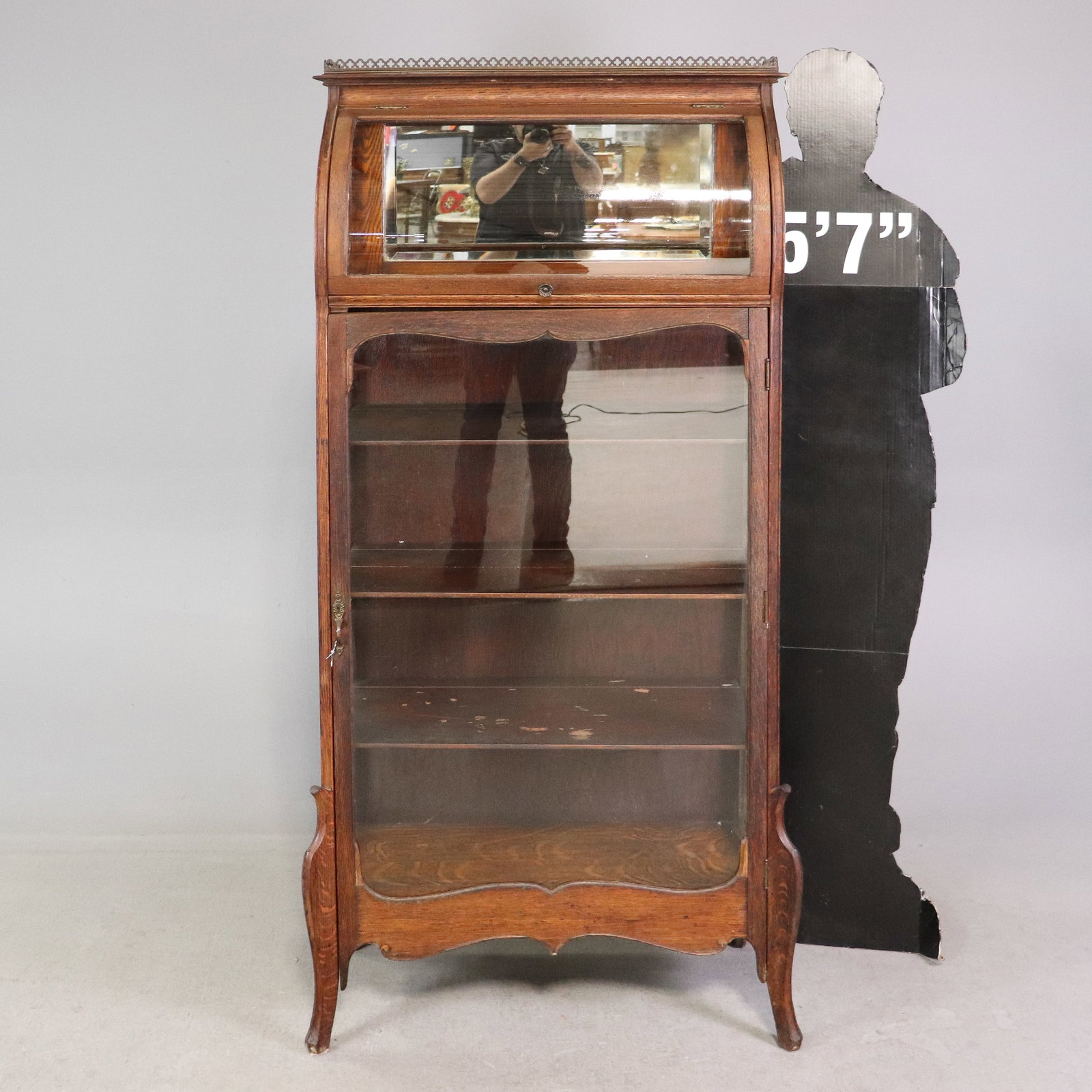 Antique American Oak Gallery Top Cabinet: Antique American Oak China/Display cabinet with Gallery Top 65.5in tall x 32.25in x 15in.