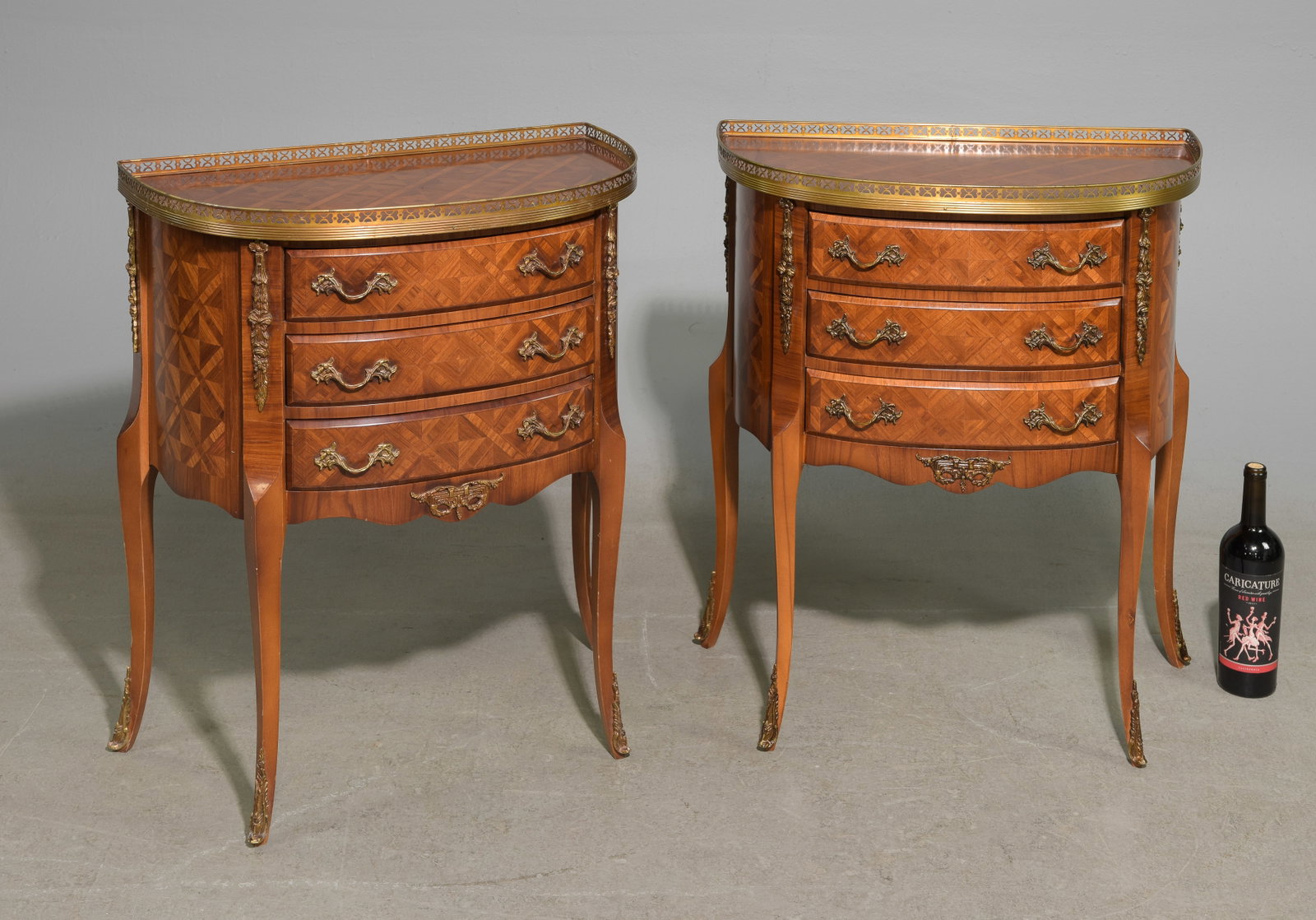 Louis XVI Style Pair of Three Drawer Chests: French Louis XVI Style Pair of Demilune Walnut Three Drawer Chests / Nightstands with Brass Gallery - 28 in tall x 24 x 14 each