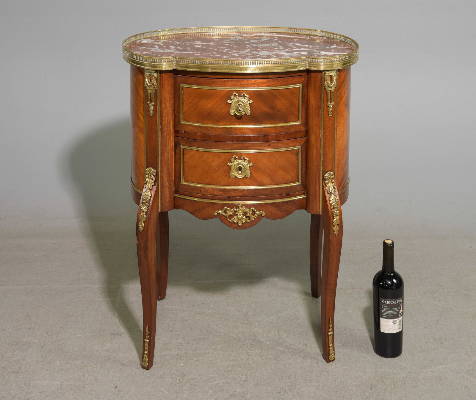 Louis XVI Style Walnut Marble Top Chest: French Louis XVI Style Walnut Marble Top Chest / Nightstands with Gilded Ormolu Accents & Brass Gallery - 31.5 in tall x 24 x 16