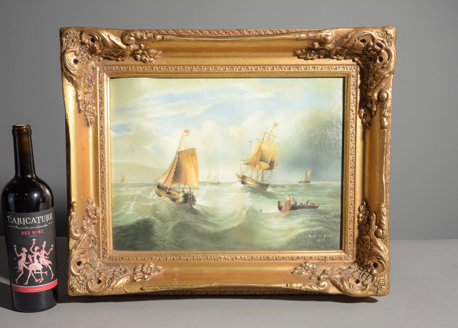 Gold Framed Oil on Board - Ships at Sea: Gold Framed Oil on Board - Ships at Sea - 18 in tall x 22 x 3