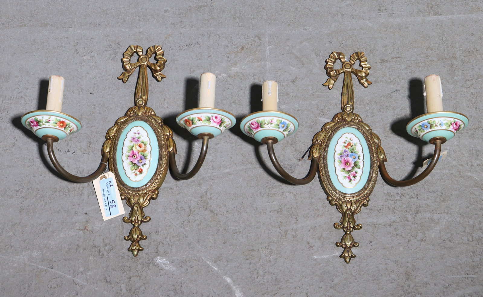 French Pair of Metal & Porcelain Sconces: French Pair of Metal & Porcelain Double Arm Sconces - 15.5 in tall x 14 x 6.75 each
