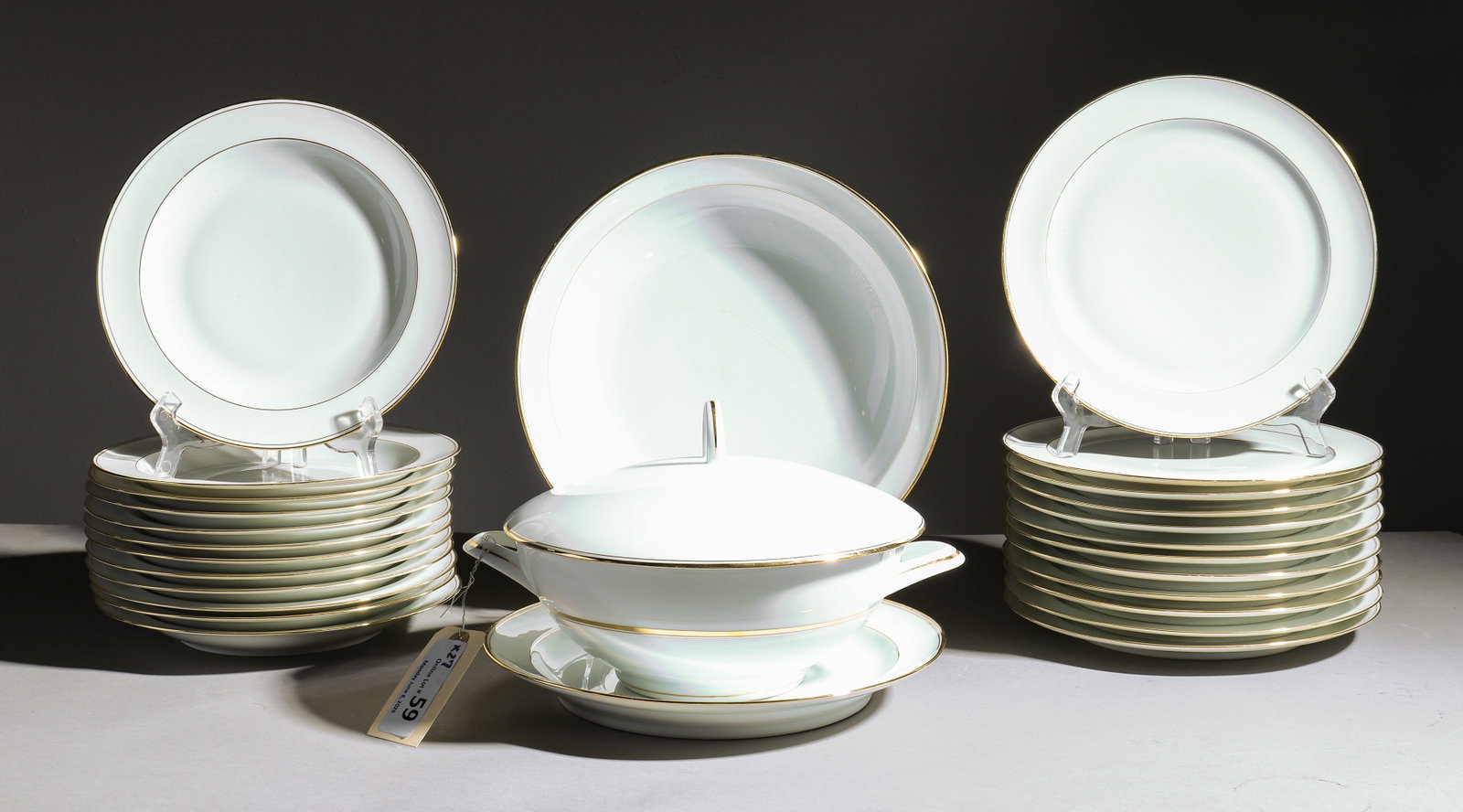 27pcs French White Gold Rimmed China: 27pcs French White Gold Rimmed China - Plates, Bowls, Tureen, Etc. - Largest piece is 6.75 in tall x 12 x 10